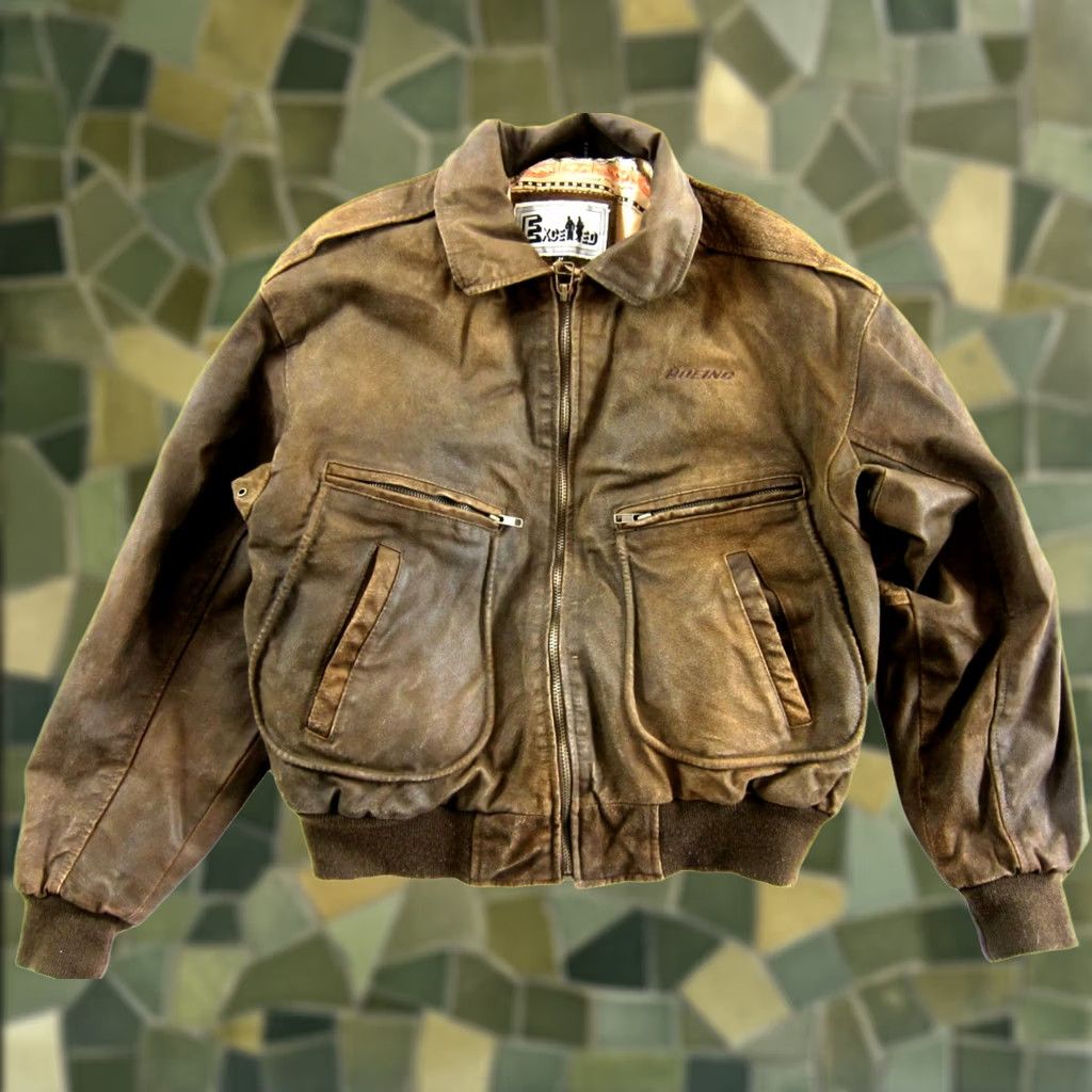 Vintage VINTAGE Excelled Bomber Jacket Men Medium Distressed Leather Boeing Flight Jacket Brown 100% Leather Zipper Hood Winter Fall Spring Shot Mens Size US M / EU 48-50 / 2 - 1 Thumbnail