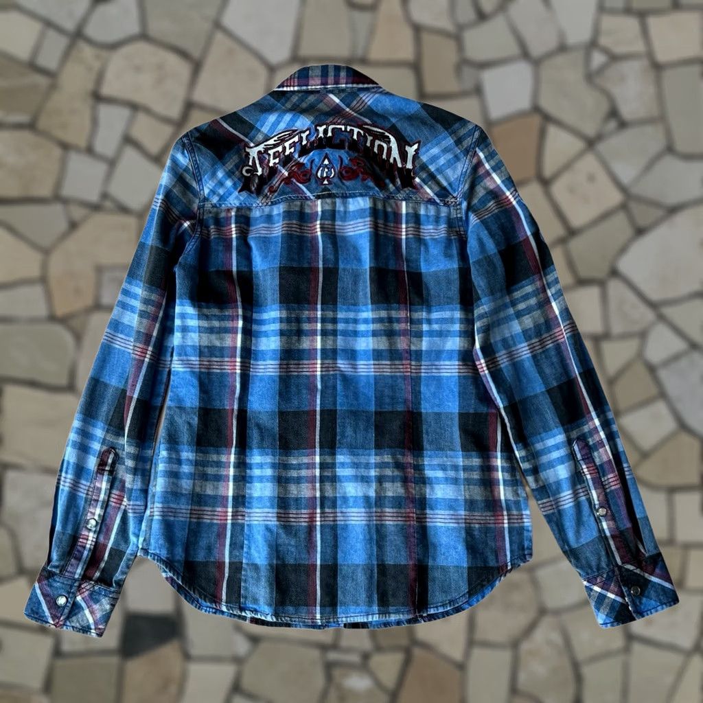 Affliction Affliction Button-Up Shirt Women’s Small Blue Plaid Lace-Up Embroidered Rhinestone Knit Long Sleeve Casual Top Size S / US 4 / IT 40 - 1 Thumbnail