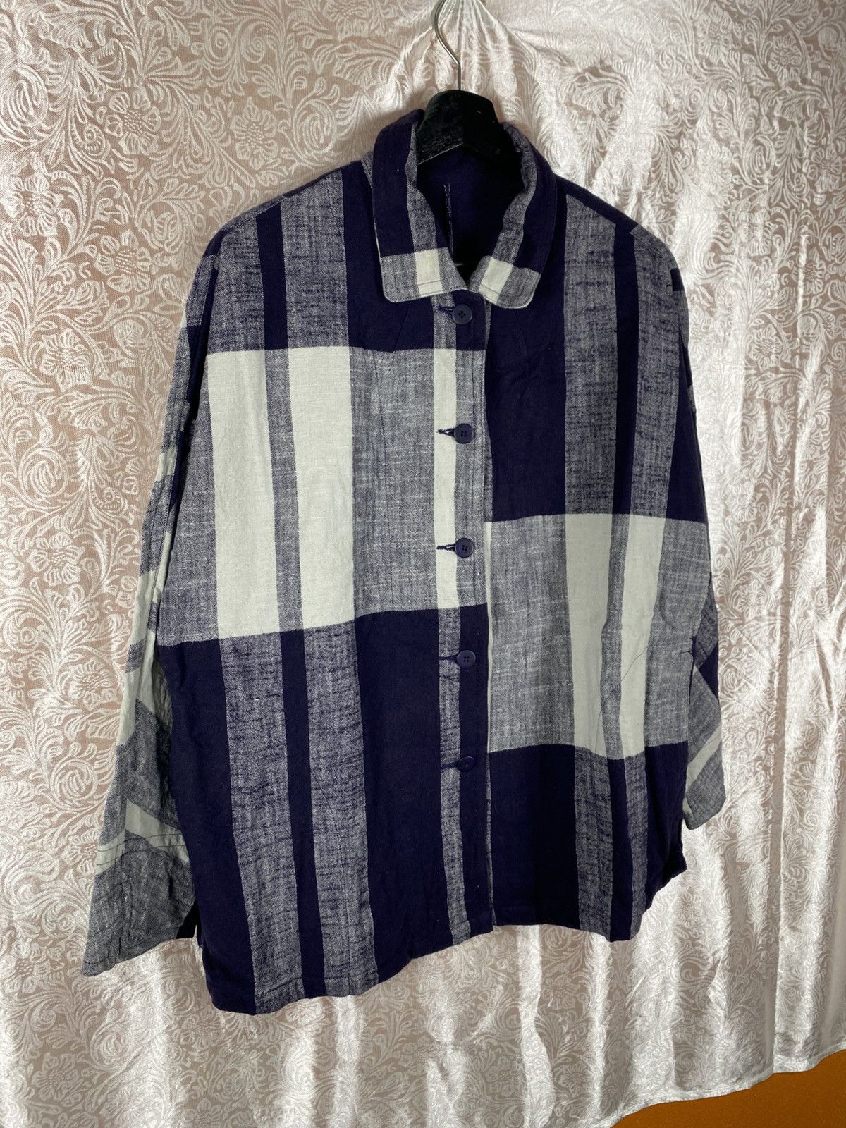 Japanese Brand Japan Soft Co. Ltd Oversized Check Shirt Navy Grey Boxy Size L / US 10 / IT 46 - 5 Thumbnail