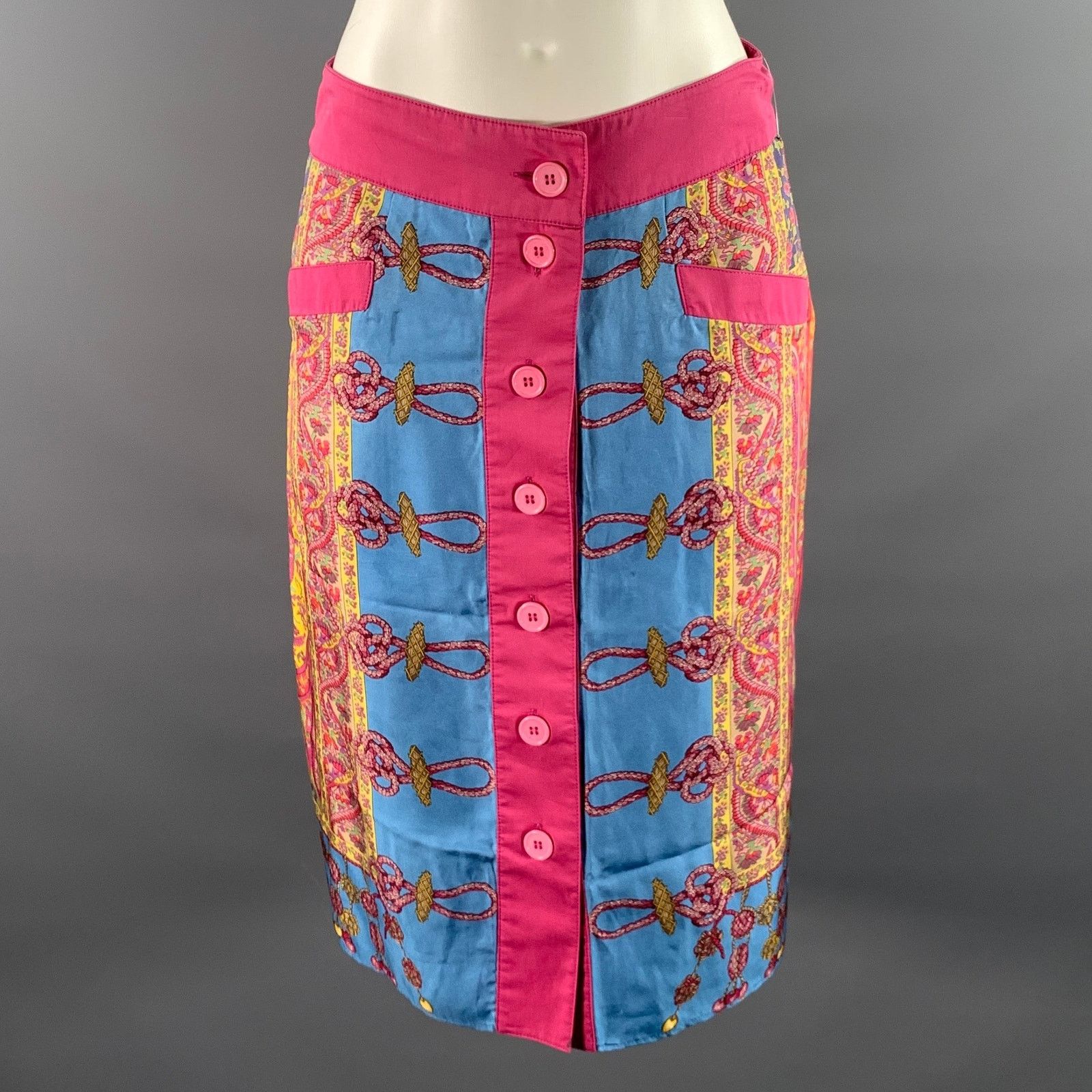 Etro ETRO Size 6 Pink Blue Silk Cotton Paisley Knee-Length Skirt Size 28" / US 6 / IT 42 - 1 Thumbnail