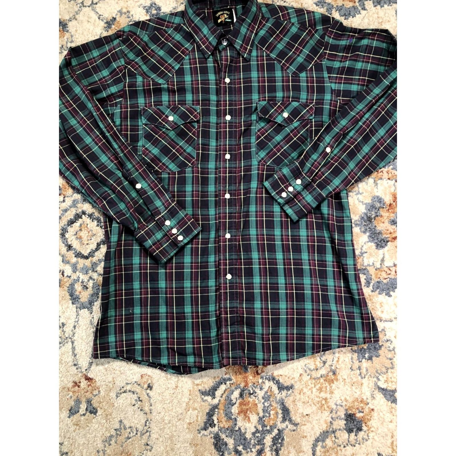 Vintage Saddle King Shirt Mens L Green Plaid Long Sleeve Western Pearl Snap Pockets Size US L / EU 52-54 / 3 - 5 Thumbnail