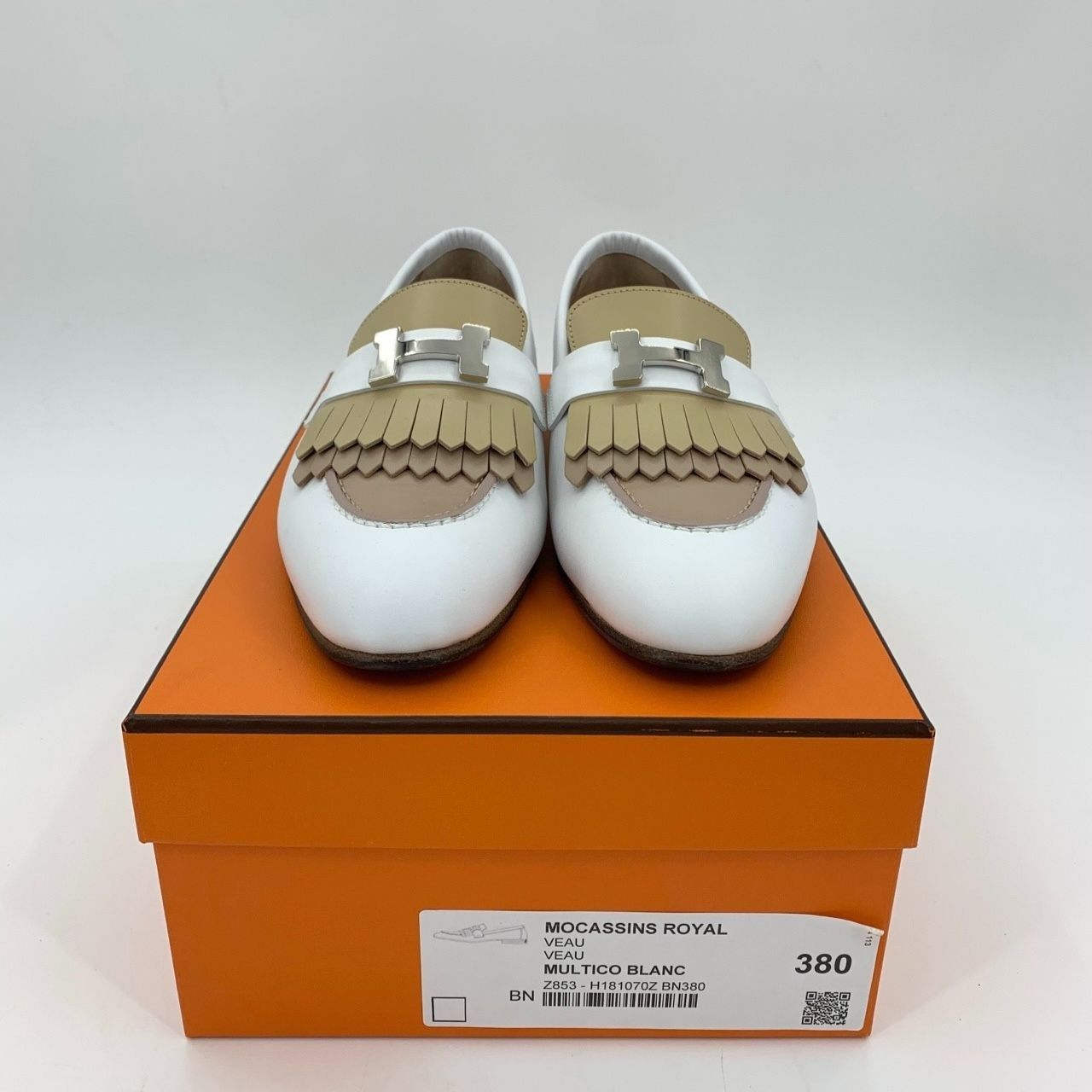 Hermès Womens Mocassins Royal Leather Flats Size 38 White &