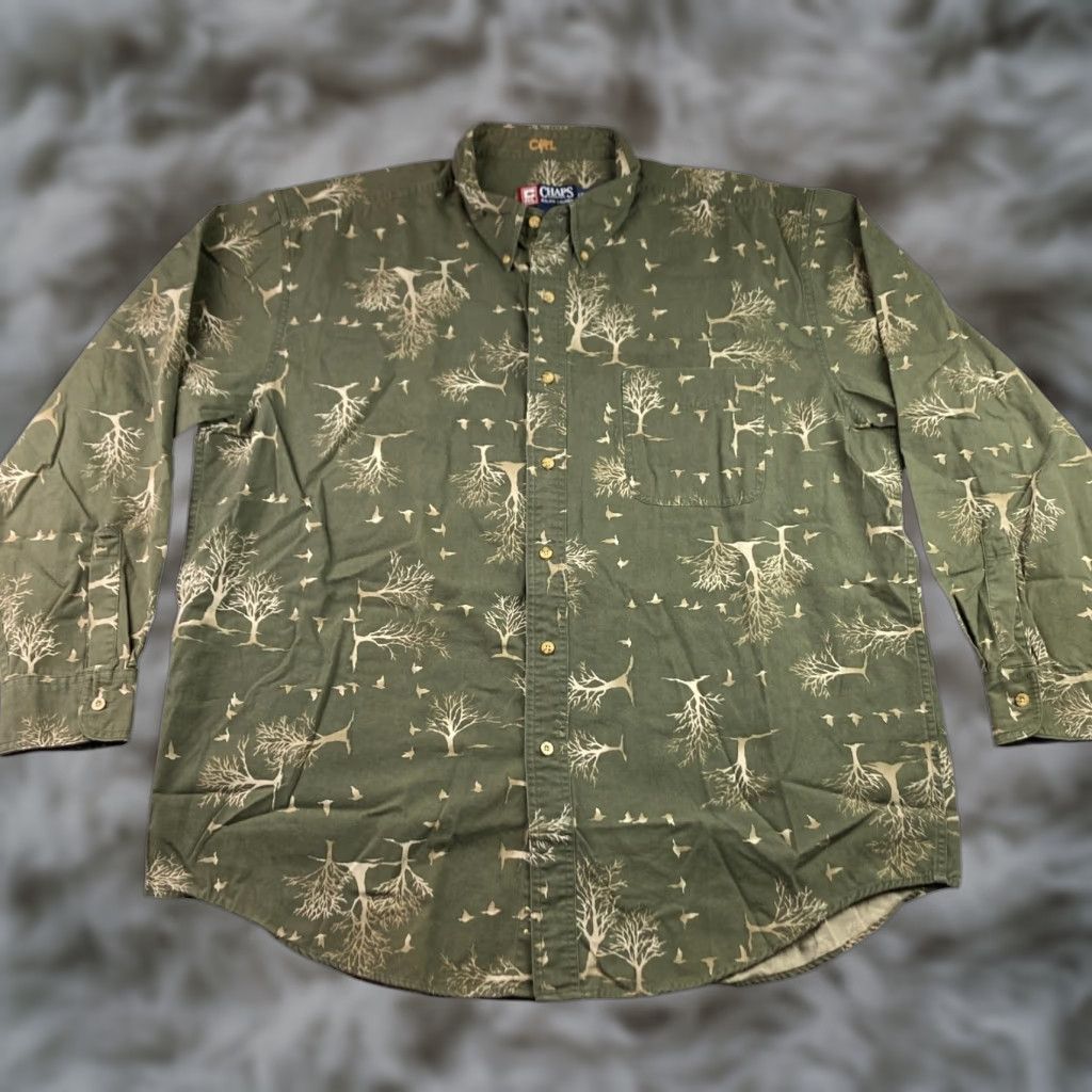Chaps VINTAGE Chaps Ralph Lauren Button-Up Shirt Men 2XL 100% Cotton Long Sleeve Green Beige Trees Birdes Pattern/Collar Down Mens Size US XXL / EU 58 / 5 - 1 Thumbnail