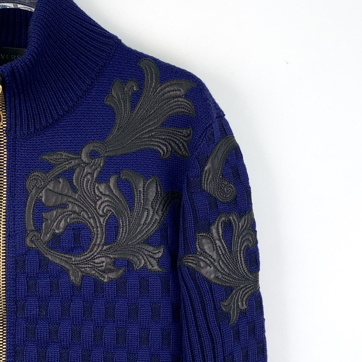 Versace Versace Dark Blue Baroque Leather Embroidered Wool Jacket Size US S / EU 44-46 / 1 - 3 Thumbnail