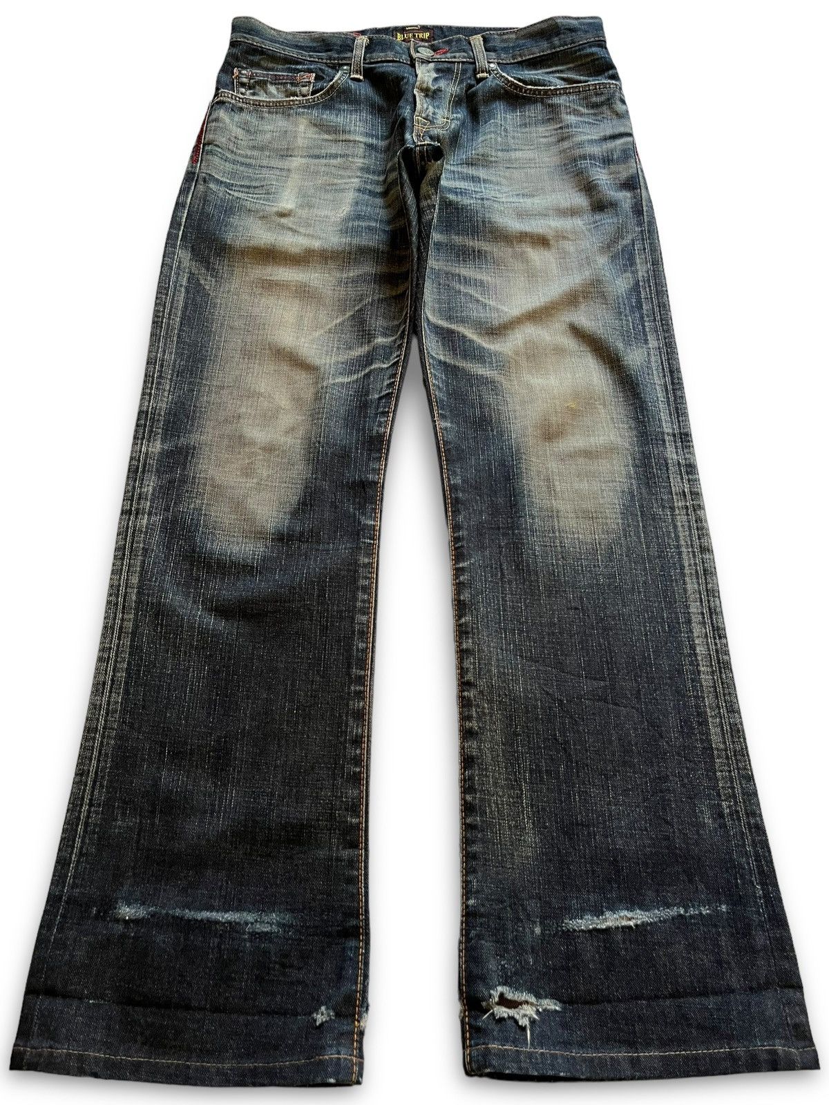 image of Distressed Denim x Edwin Vintage Edwin Blue Trip Japan Mudwash Distressed Flare Jeans (Size 33)