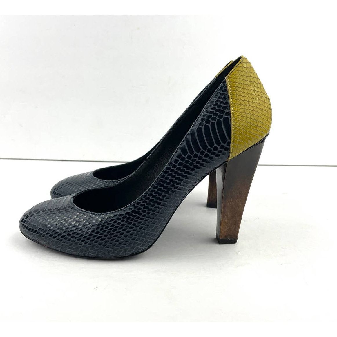 7 For All Mankind Wooden Heels Pumps Blue Yellow Snake Style 10 Leather Size US 9 / IT 39 - 11 Thumbnail