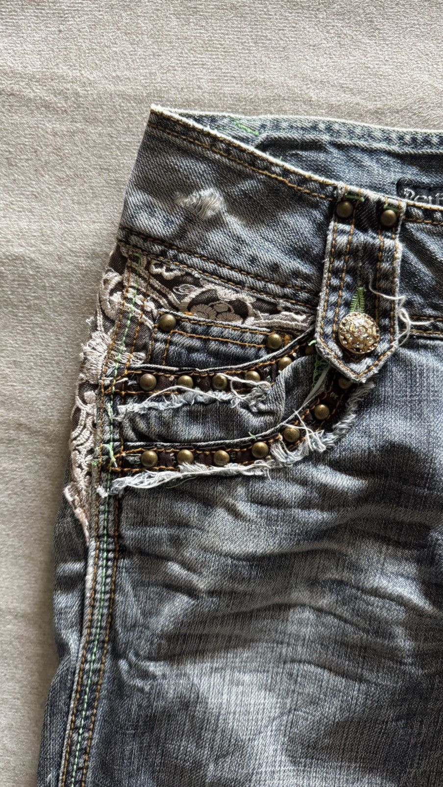 Japanese Brand Perfume by COOLA Distress Flare Denim Jeans Lace Patchwk Y2K Size 27" / US 4 / IT 40 - 8 Thumbnail