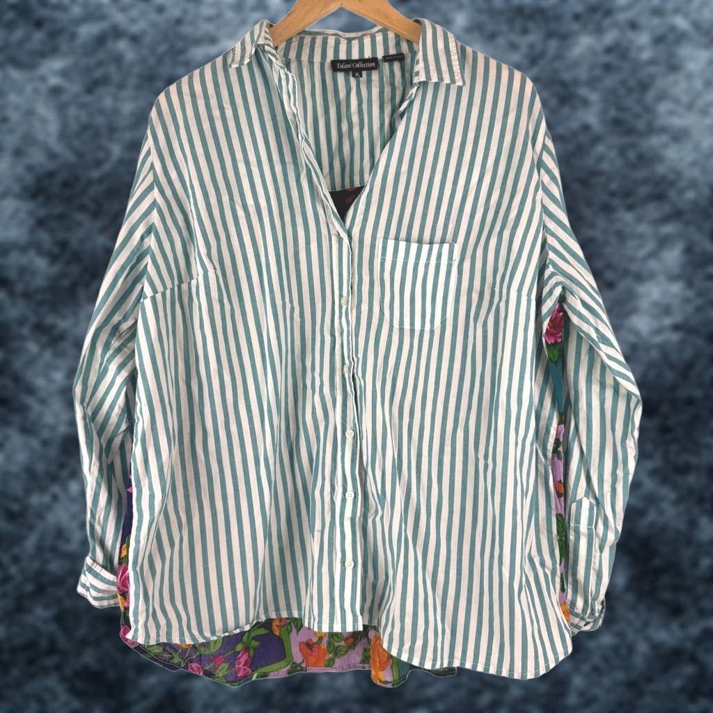 Vintage Tolani Collection Striped Floral Patchwork Mixed Media Button Down Shirt XL Women Size XL / US 12-14 / IT 48-50 - 1 Thumbnail