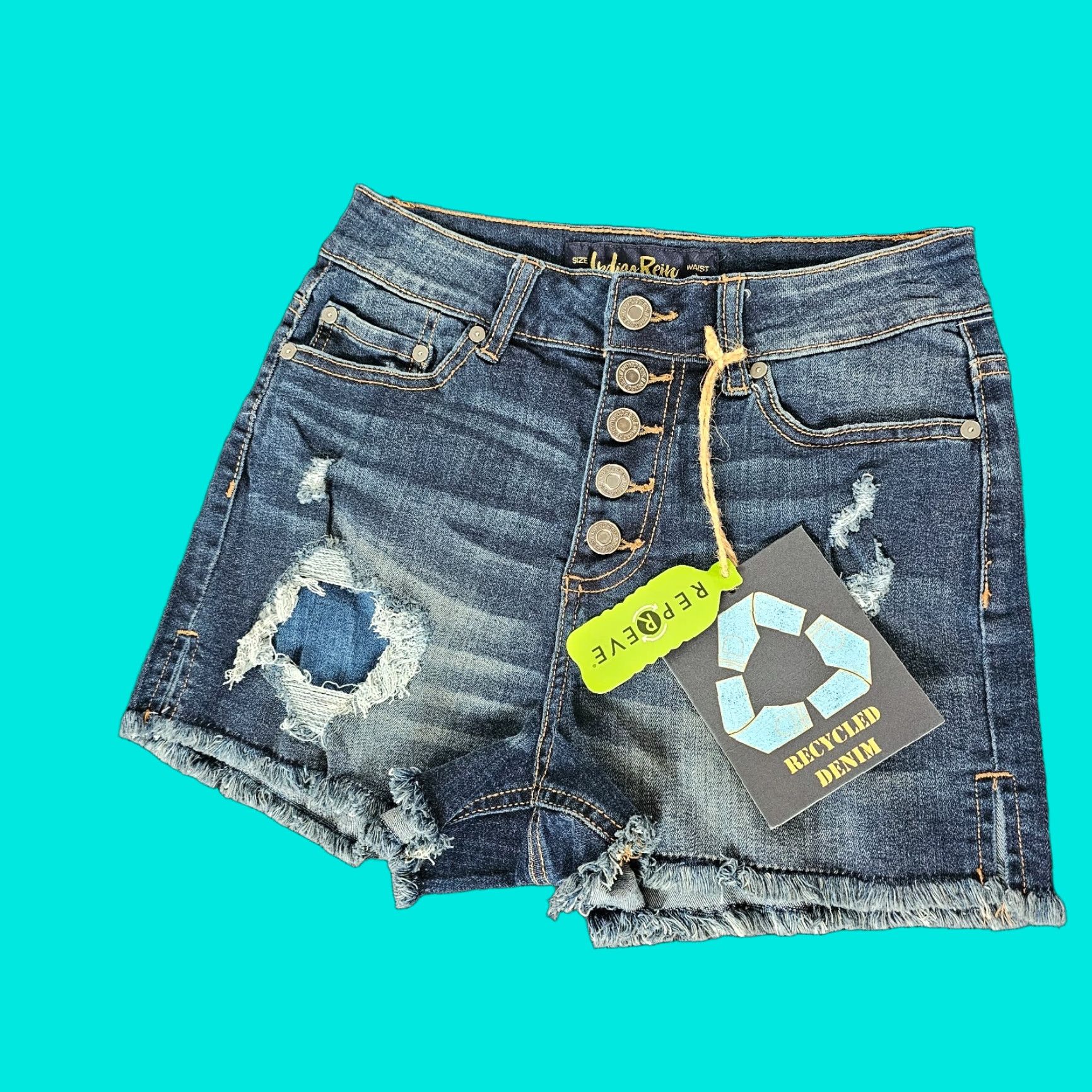 Denime INDIGO REIN Denim Shorts - Super High-Rise, 3, Juniors, Blue, 5-Pocket, Distressed, Button/Zipper, Cotton/Spandex, Casual Wear, Women, Size 3 Size 26" / US 2 / IT 38 - 1 Thumbnail