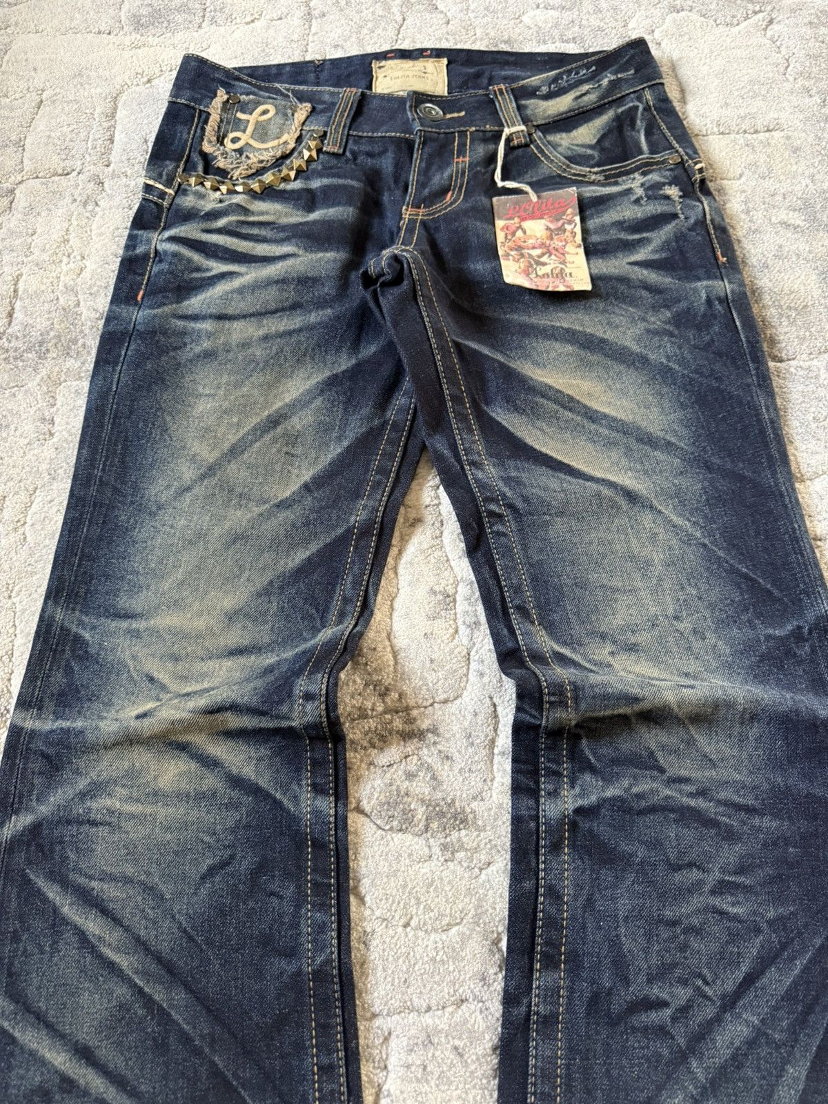 If Six Was Nine Lolita Concert Club Shadow Mud Wash Studded Flared Jeans Size US 30 / EU 46 - 3 Thumbnail