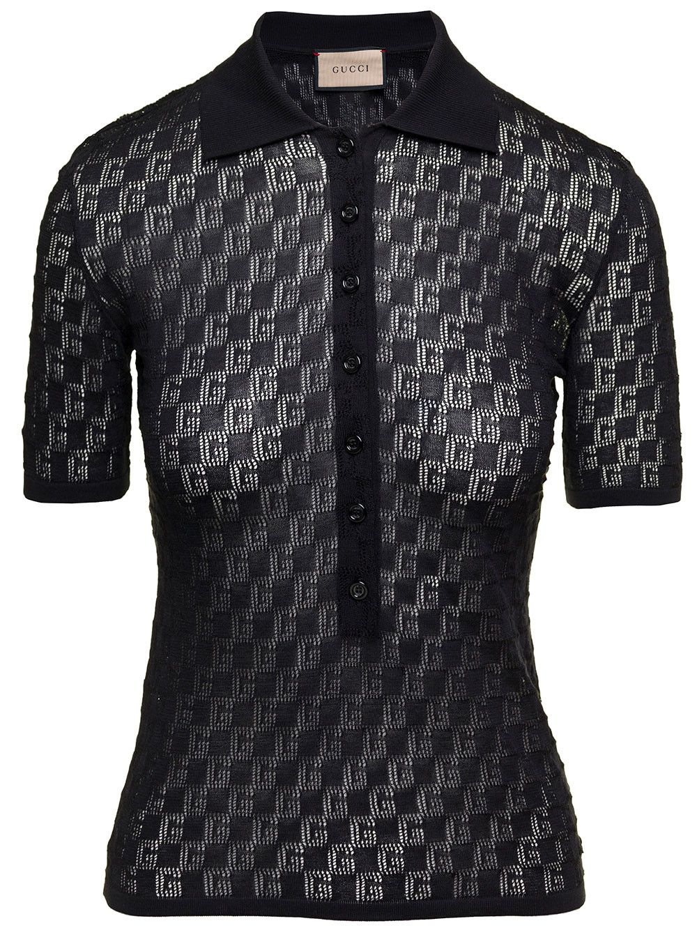 Gucci Black Polo Shirt with Button Closure and GG Motif in Cotton and Silk Blend Woman Size S / US 4 / IT 40 - 1 Thumbnail