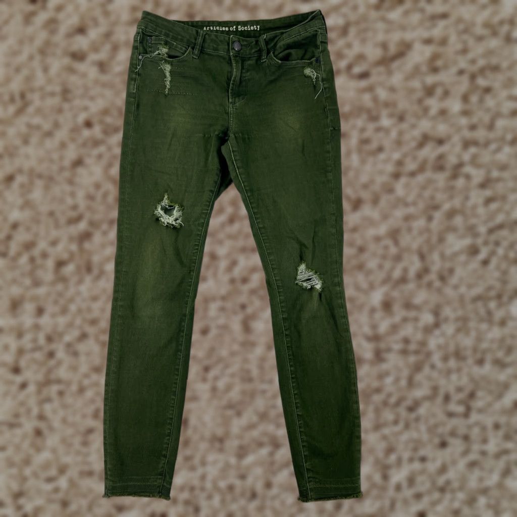 Vintage Articles of Society Jeans Women 28 Green Skinny Tapered Distressed Jegging 28x28 Vintage No Size 28" / US 6 / IT 42 - 1 Thumbnail