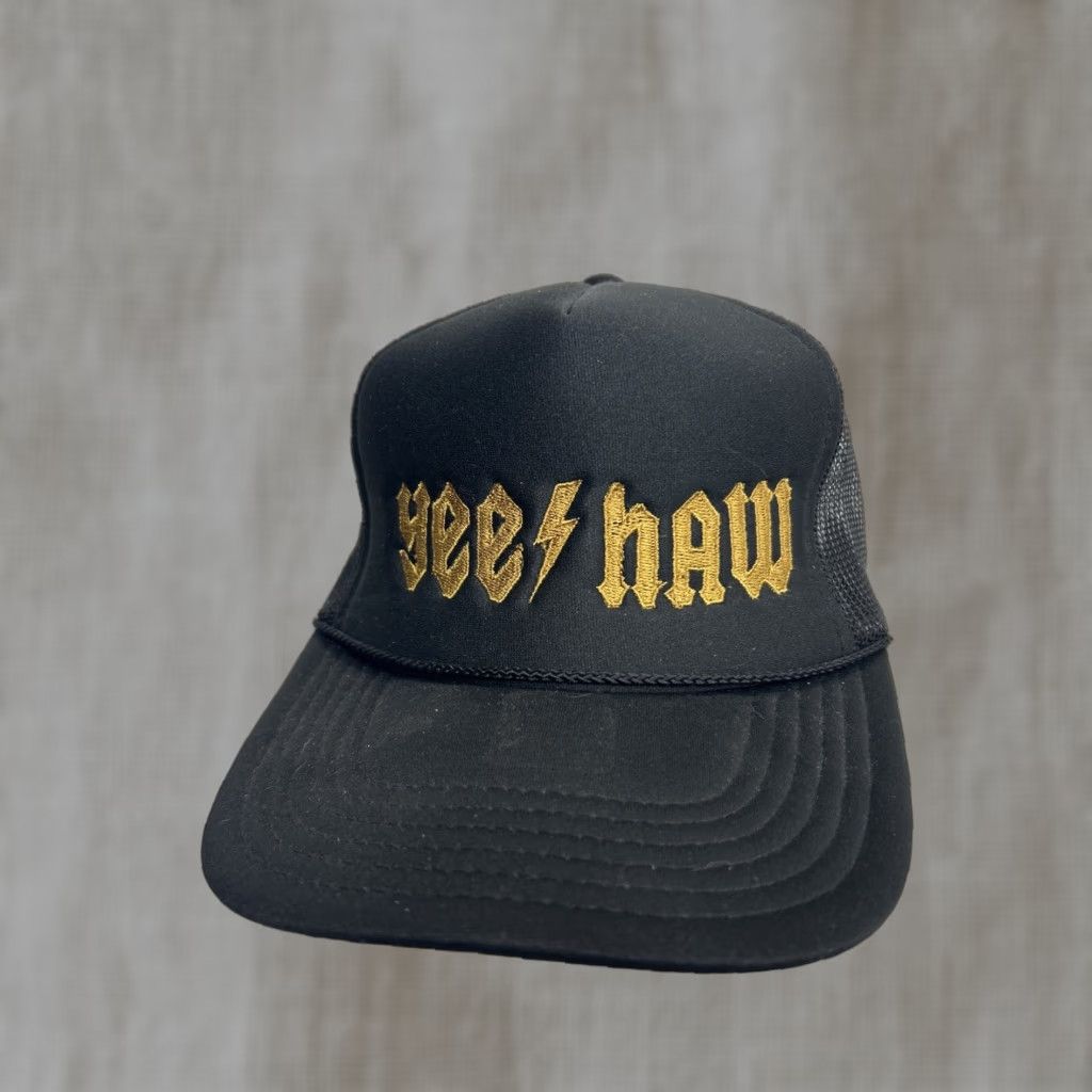 Vintage Yee Haw Trucker Hat Black Gold SnapBack Lighting Bolt Adjustable Men Size ONE SIZE - 1 Thumbnail