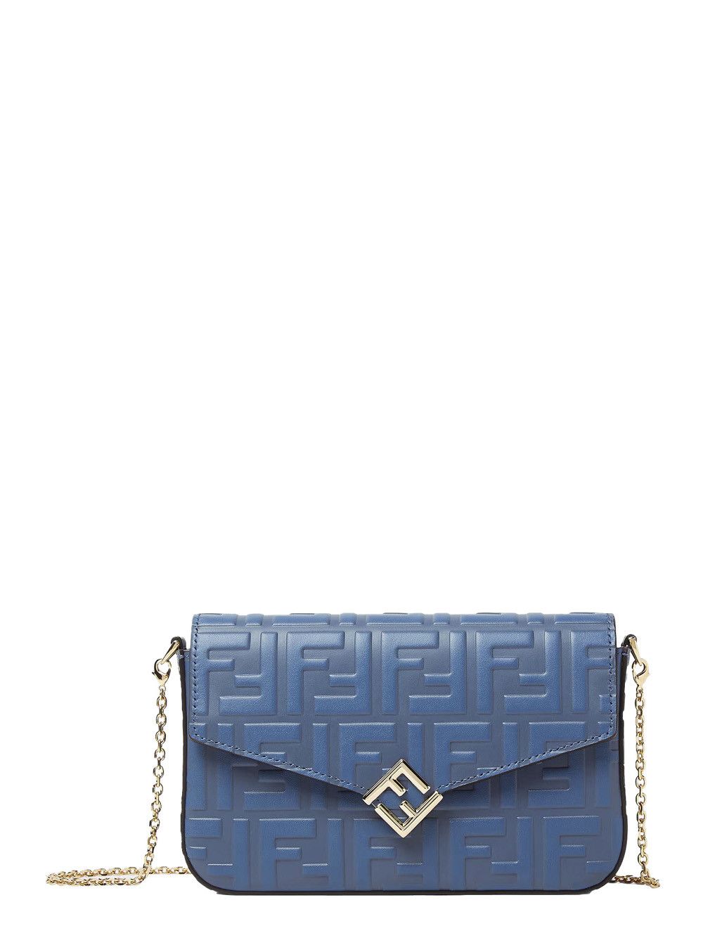 Fendi Blue Mini Bag With Chain-Link Shoulder Strap And All-Over Ff Embossed Motif In Leather Woman, Women's