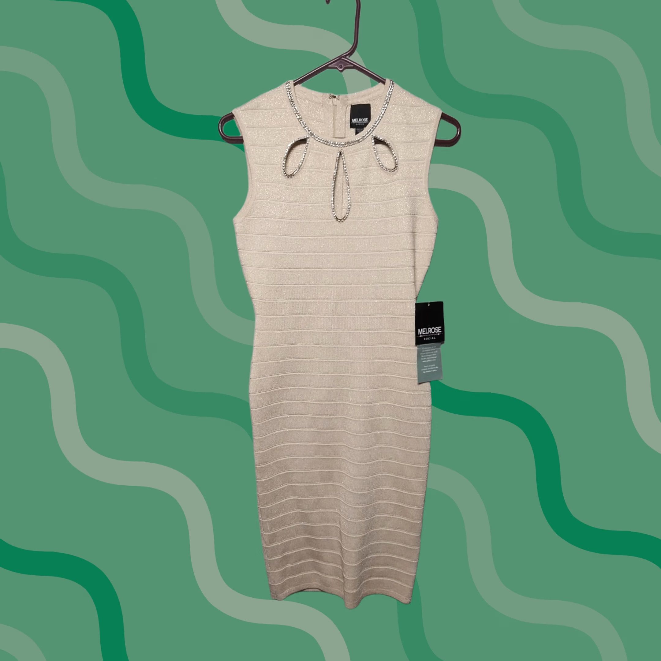 melrose dress in golden Vintage Women's Small Gold Sleeveless Rhinestone Cutout Neckline The brand combines a