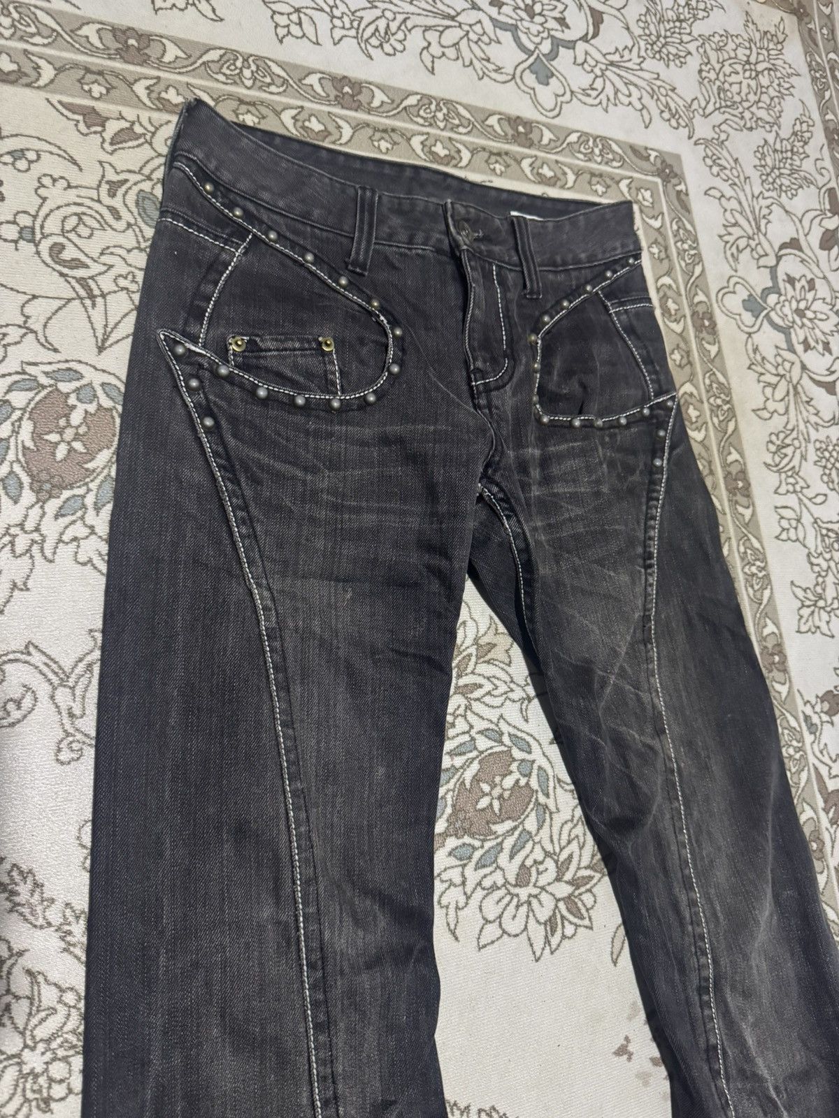 Le Grande Bleu (L.G.B.) RARE! 🔥 Studded Semantic Design Asymmetrical Denim Jeans Size US 30 / EU 46 - 3 Thumbnail