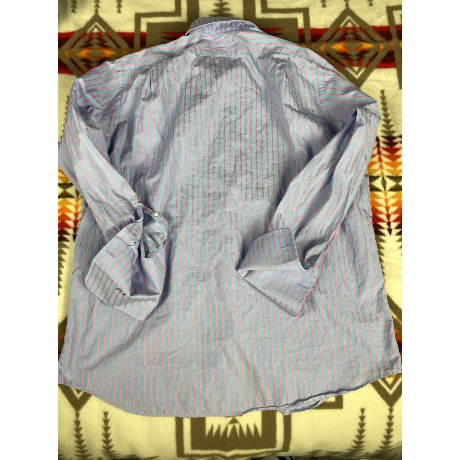 Vintage Paul Fredrick Dress Shirt Mens 17-34 Blue Pink Stripes Size 46R - 3 Thumbnail
