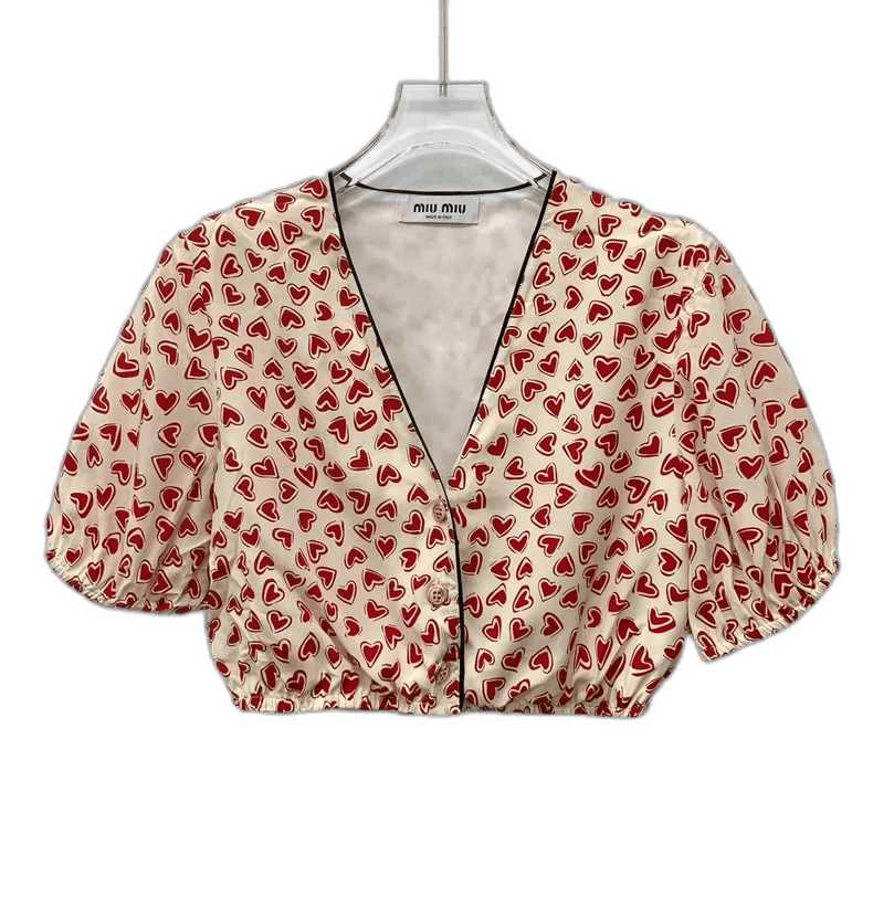 Miu Miu Miu Miu Heart Print Silk V-neck Short Sleeve Shirt Size S / US 4 / IT 40 - 1 Thumbnail