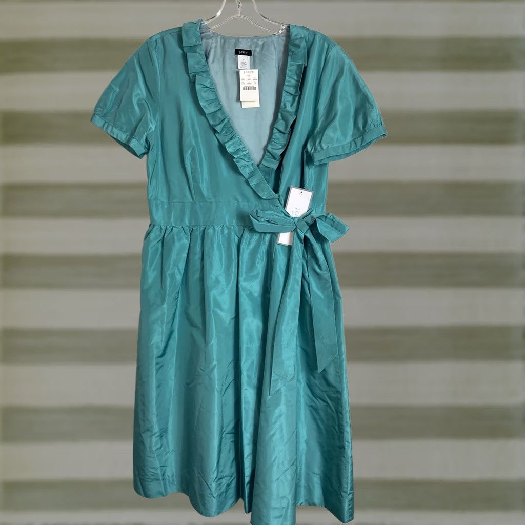 j crew green wrap dress J.Crew J. Women's Sz 12 Cap Sleeves Ruffle 100% Silk Turquoise Womens dresses