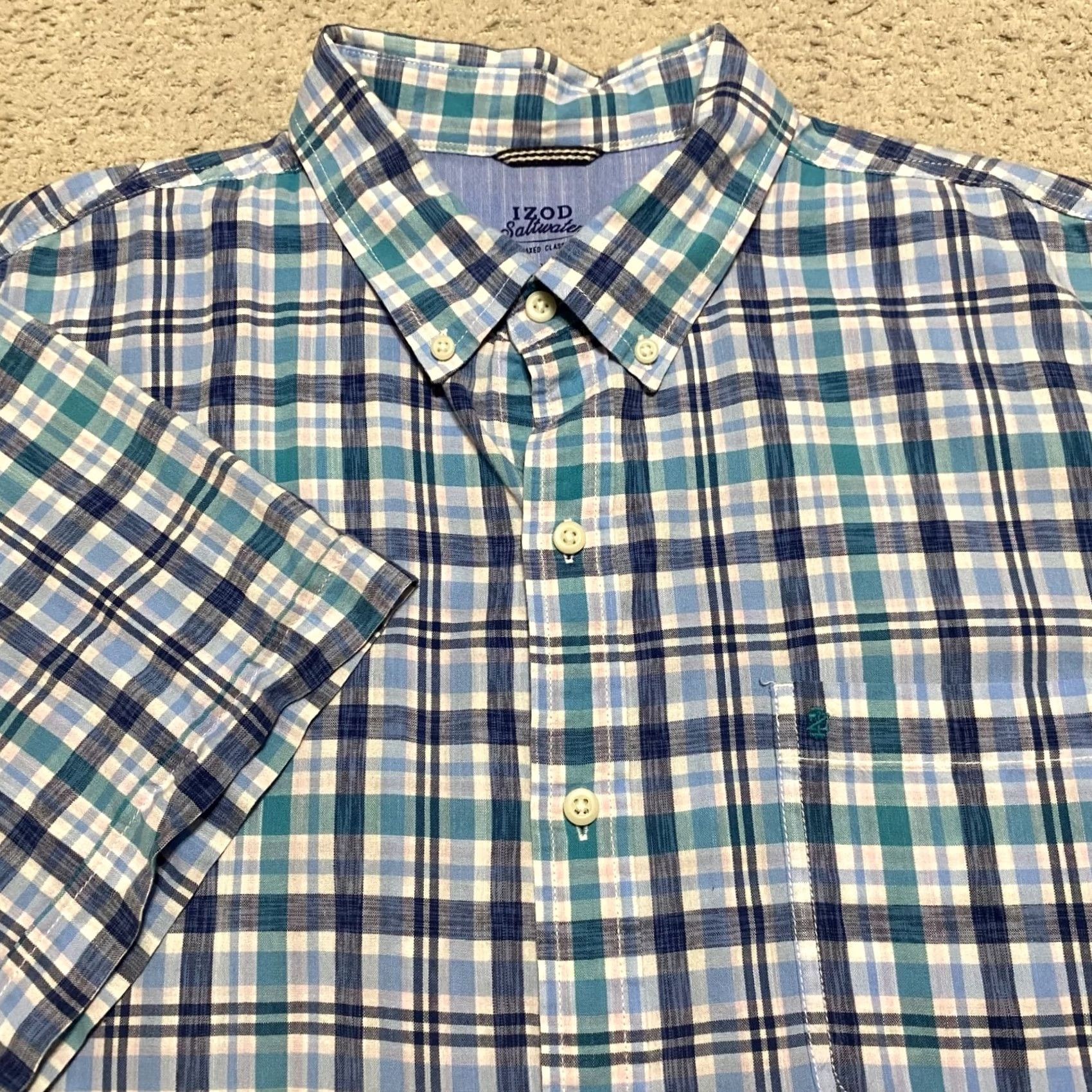 Izod IZOD Saltwater Mens XL Shirt Blue Plaid Button-Down Short Sleeve 100% Cotton Size US XL / EU 56 / 4 - 5 Thumbnail