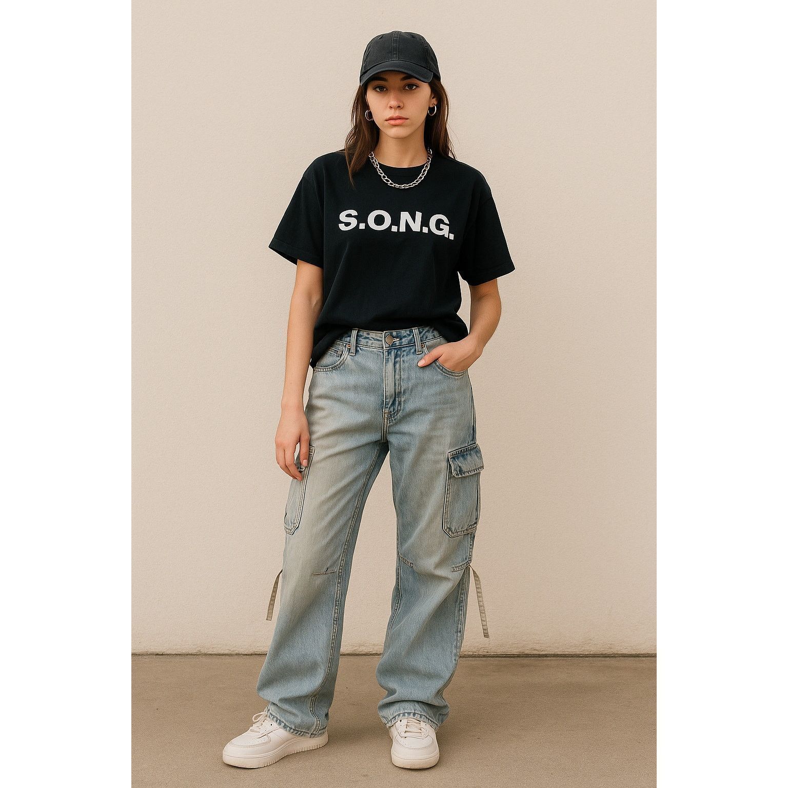 Other Y2K Baggy Cargo Jeans Light Wash Denim S.O.N.G. 13/31 Size 31" - 1 Thumbnail