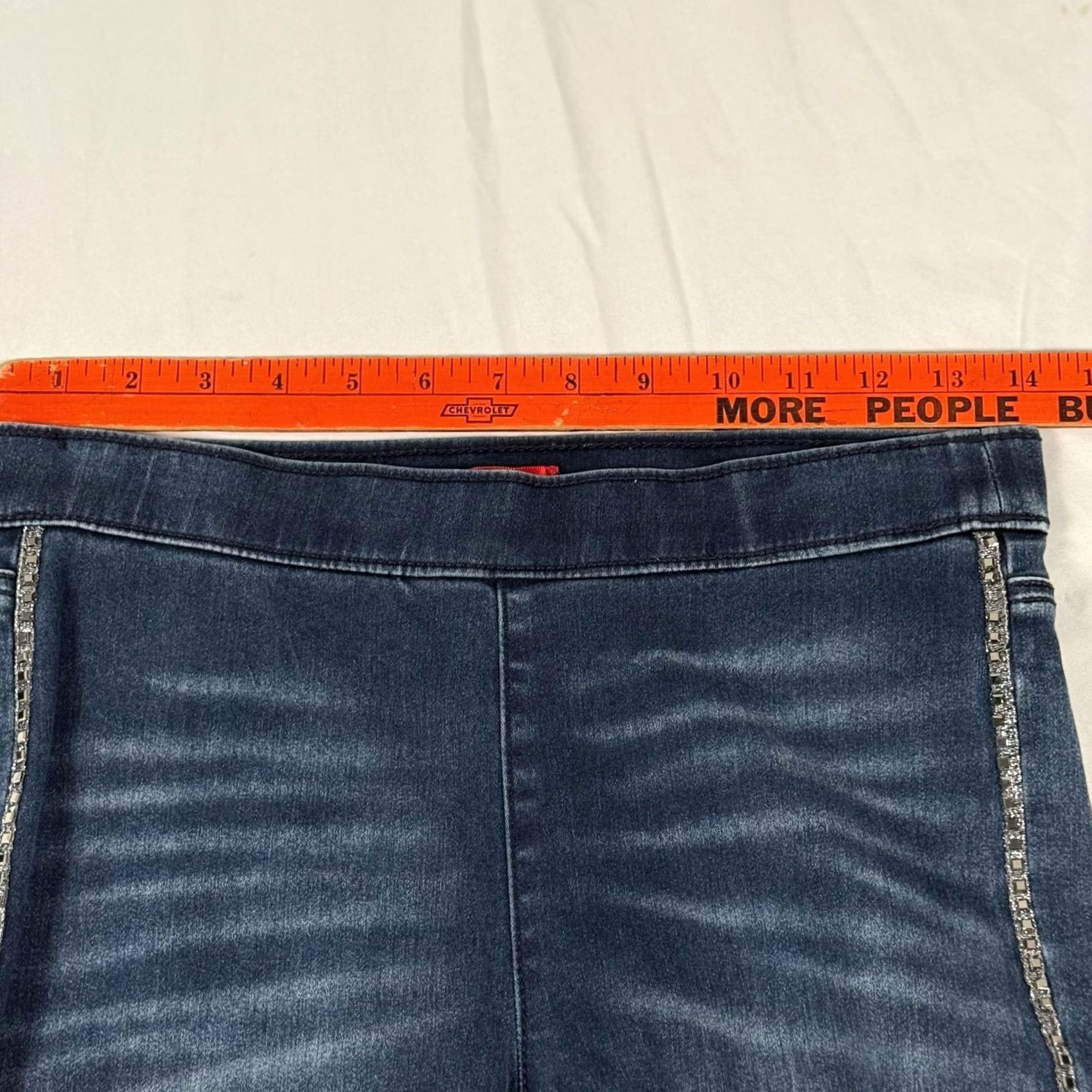Denime Jennifer Lopez Skinny Denim Jeans 6 Blue Dark Wash Pull On Side Stripe Rhinestone Elastic Waist Womens Jeans Slim Jegging Size 28" / US 6 / IT 42 - 7 Thumbnail
