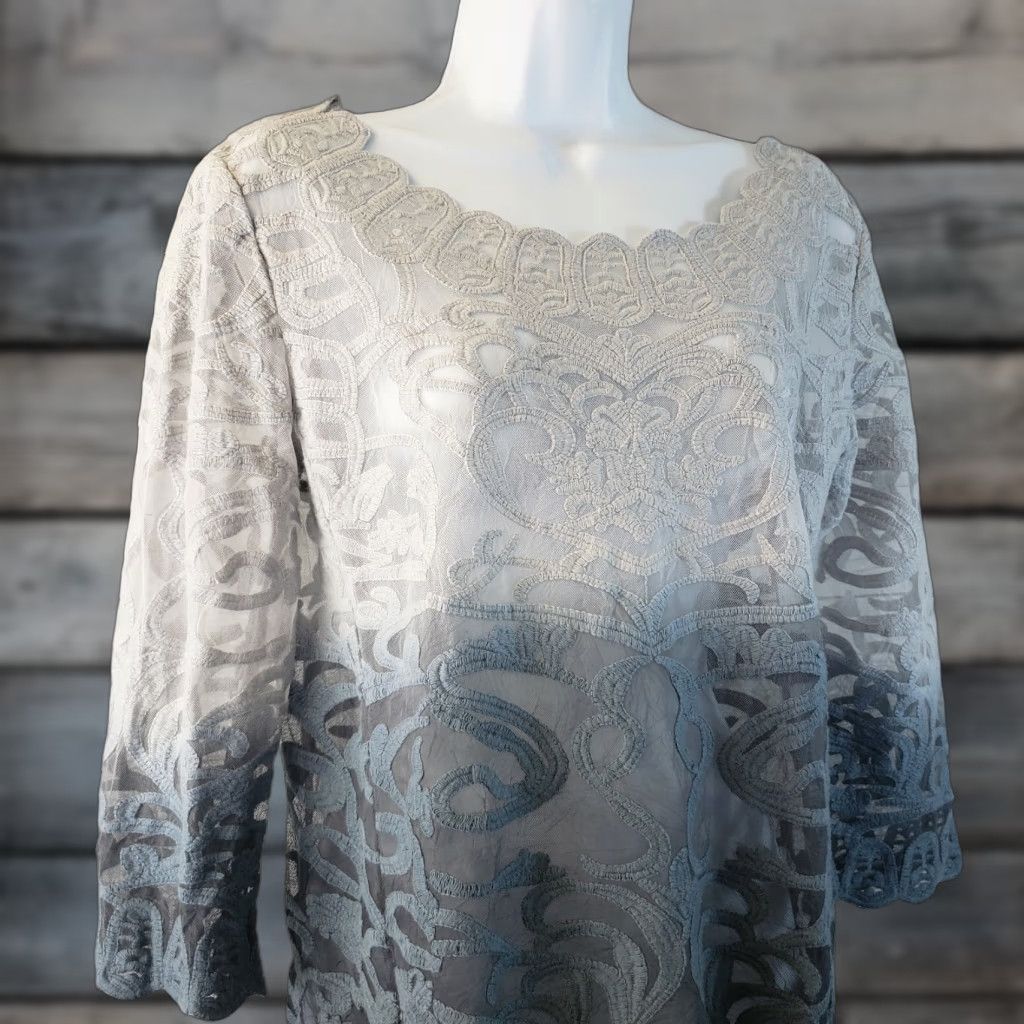 Vintage Meadow Rue Womens Top Size Small Gray Embroidered 3/4 Sleeve Dip Dyed Blouse Size S / US 4 / IT 40 - 1 Thumbnail