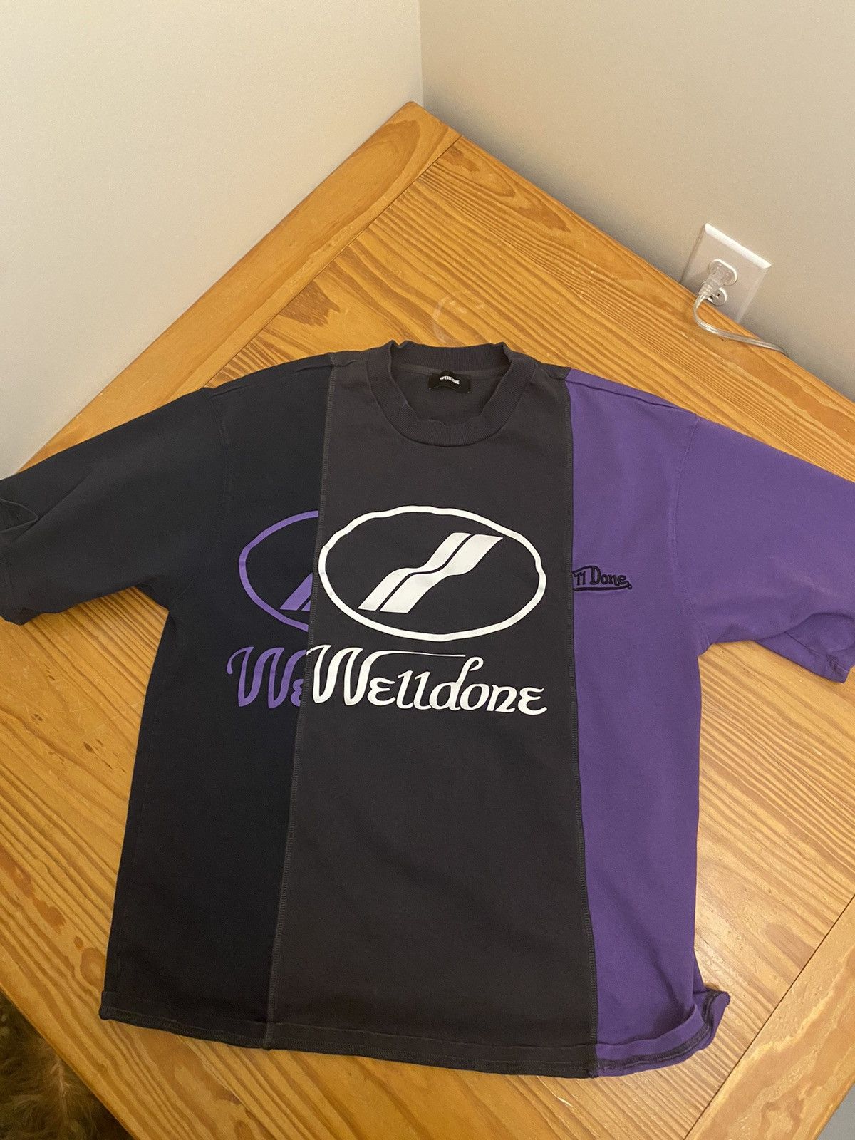 image of We11Done Purple Remake 3 Panel Reflective Logo T-Shirt in Purple/Black, Men's (Size XS)