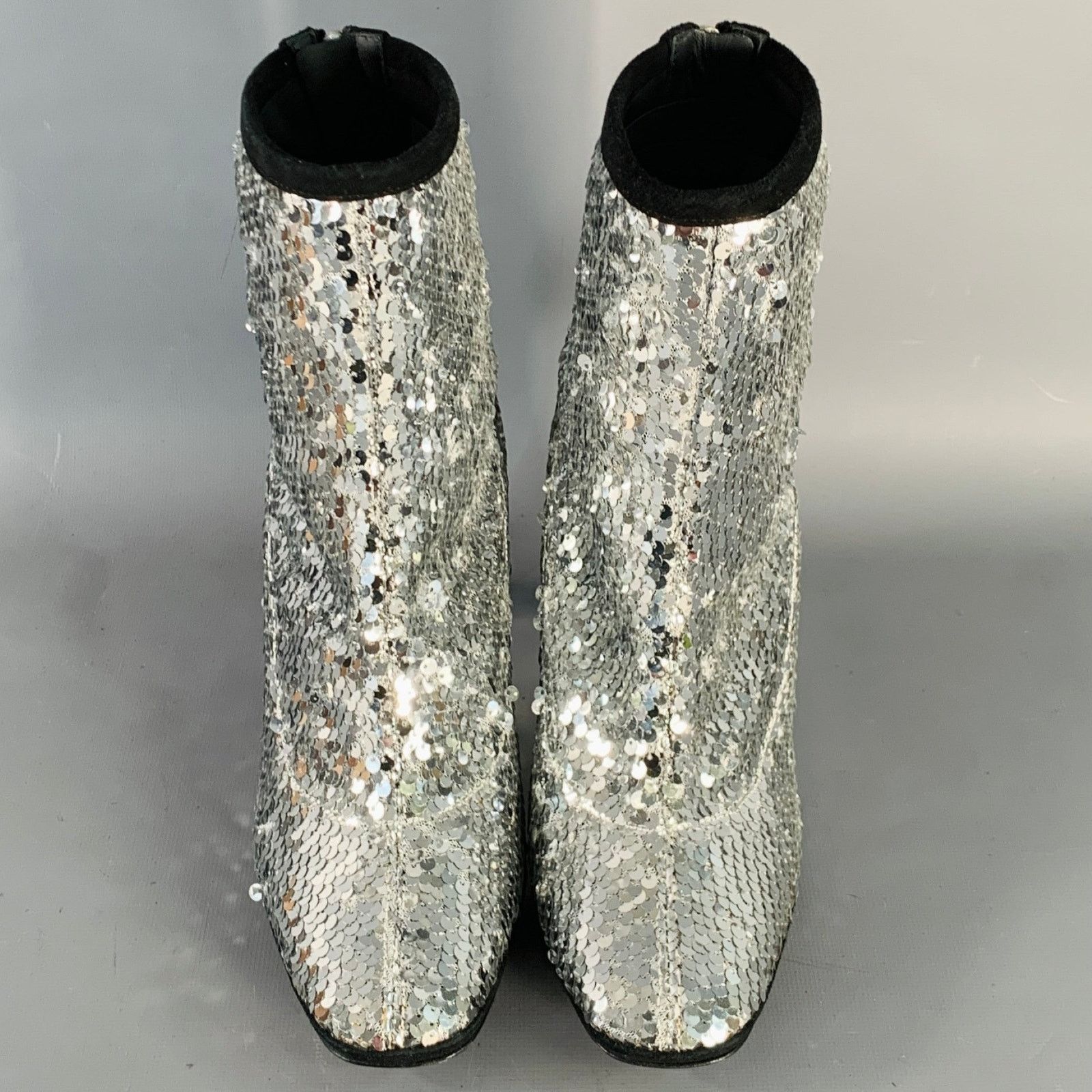 Giuseppe Zanotti GIUSEPPE ZANOTTI Silver Black Sequined Back Zip Booties Size US 7.5 / IT 37.5 - 4 Thumbnail