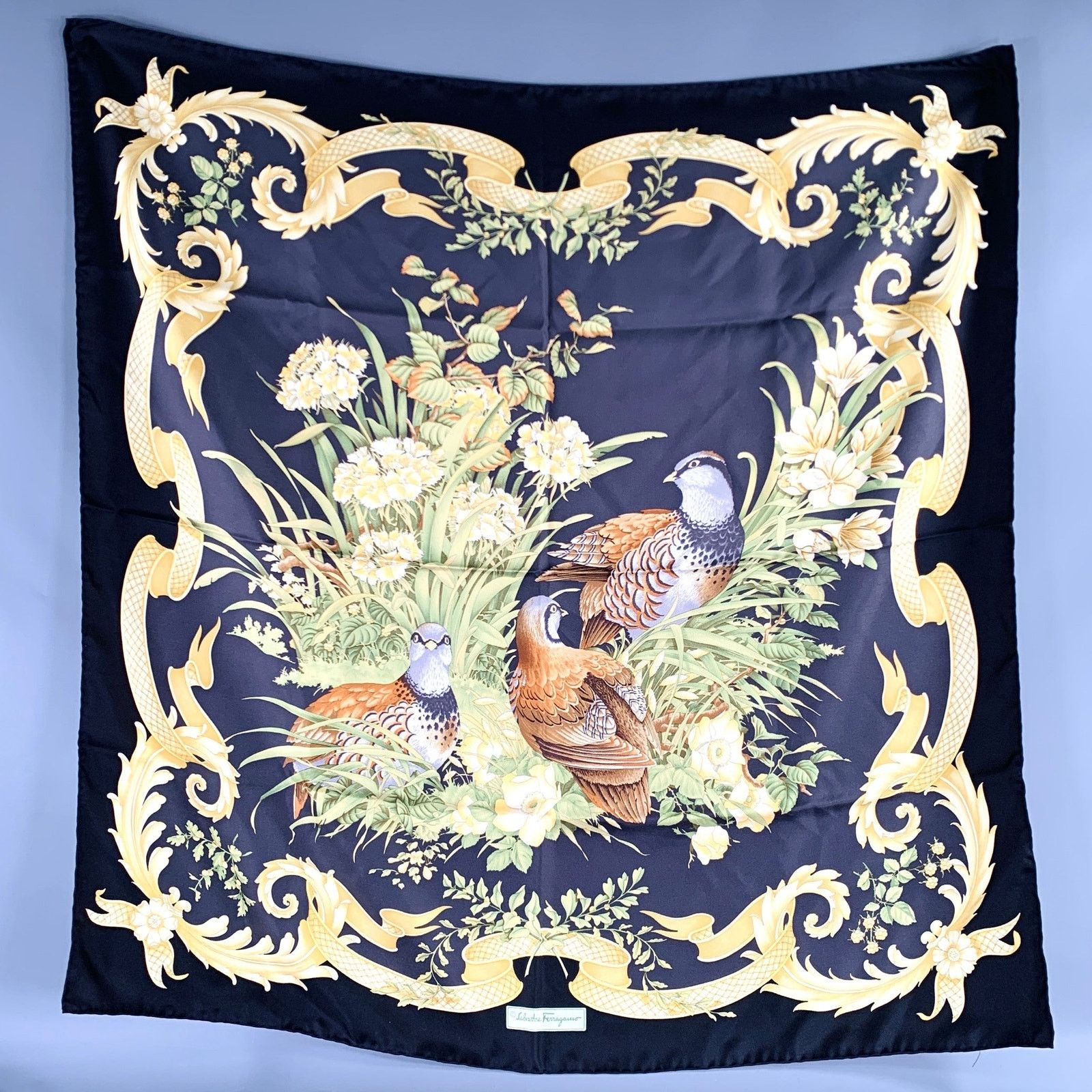Salvatore Ferragamo SALVATORE FERRAGAMO Black Yellow Green Birds Silk Scarf Size ONE SIZE - 1 Thumbnail