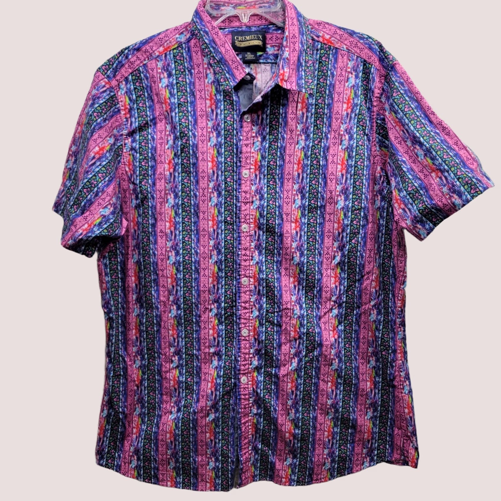 Cremieux Shirt Mens 1XL Button-Up Floral Geometric Pink Blue Ss Premium Euc, Men's