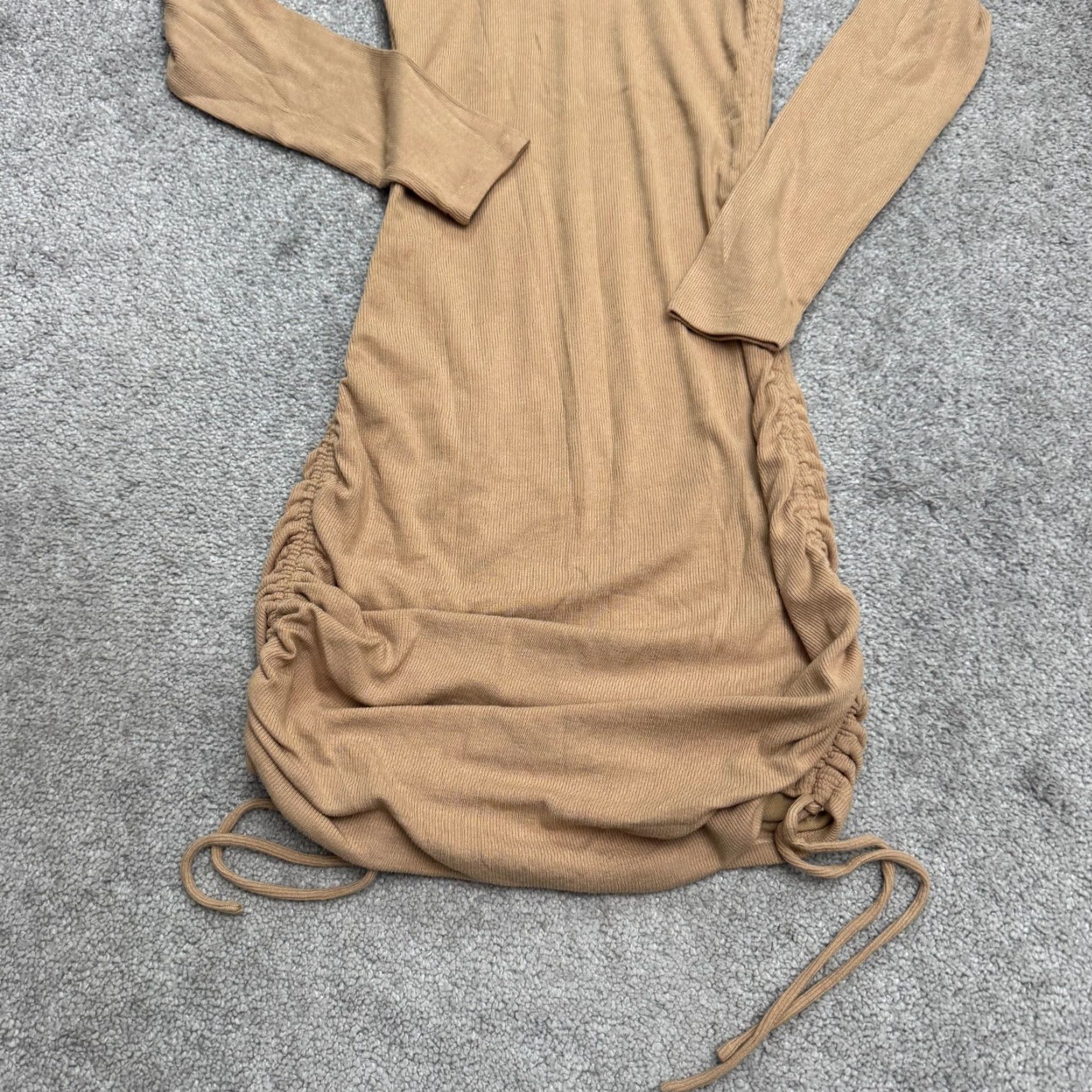 Vintage Hello Molly Dress Womens Medium Tan Brown Ribbed Knit Bodycon Ruched Midi NWT Size M / US 6-8 / IT 42-44 - 3 Thumbnail