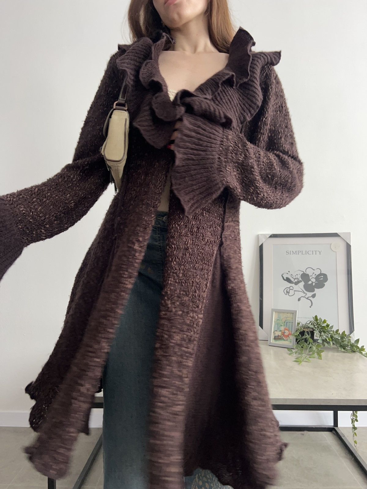 Vintage Gorgeous Long Knit Cardigan Brown Ruffle Y2K Vintage Size M / US 6-8 / IT 42-44 - 5 Thumbnail