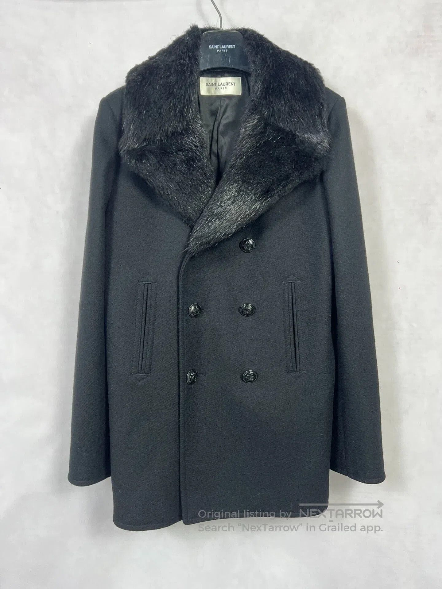 Saint Laurent Paris Saint Laurent Black Wool Coat with Fur Collar. Size US M / EU 48-50 / 2 - 1 Thumbnail