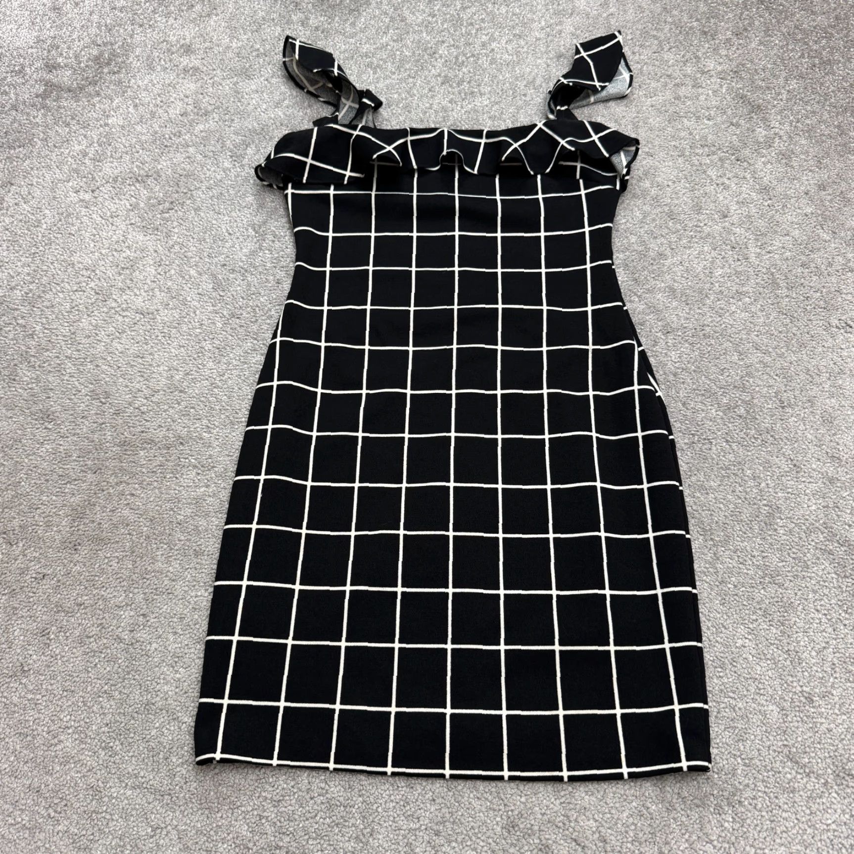 AQUA Aqua Dress Bodycon Mini Women's Small Black Square Neck Ruffle Sleeveless Check Pattern Lightweight Polyester Spandex Classic Designer Casual Size S / US 4 / IT 40 - 7 Thumbnail