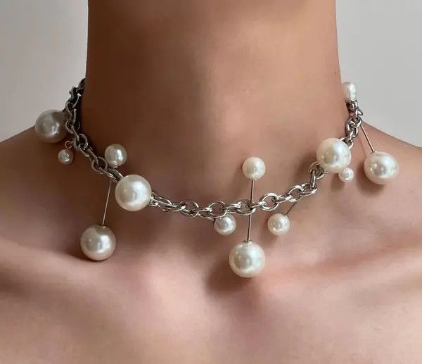 Jewelry Silver Chain Pearl Accent Choker Necklace, Statement Jewelry Size ONE SIZE - 7 Thumbnail