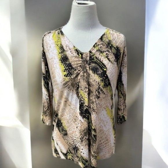 Designer Dana Buchman Womens Quarter Sleeve Beige Vneck Snake Print T Size M / US 6-8 / IT 42-44 - 7 Thumbnail