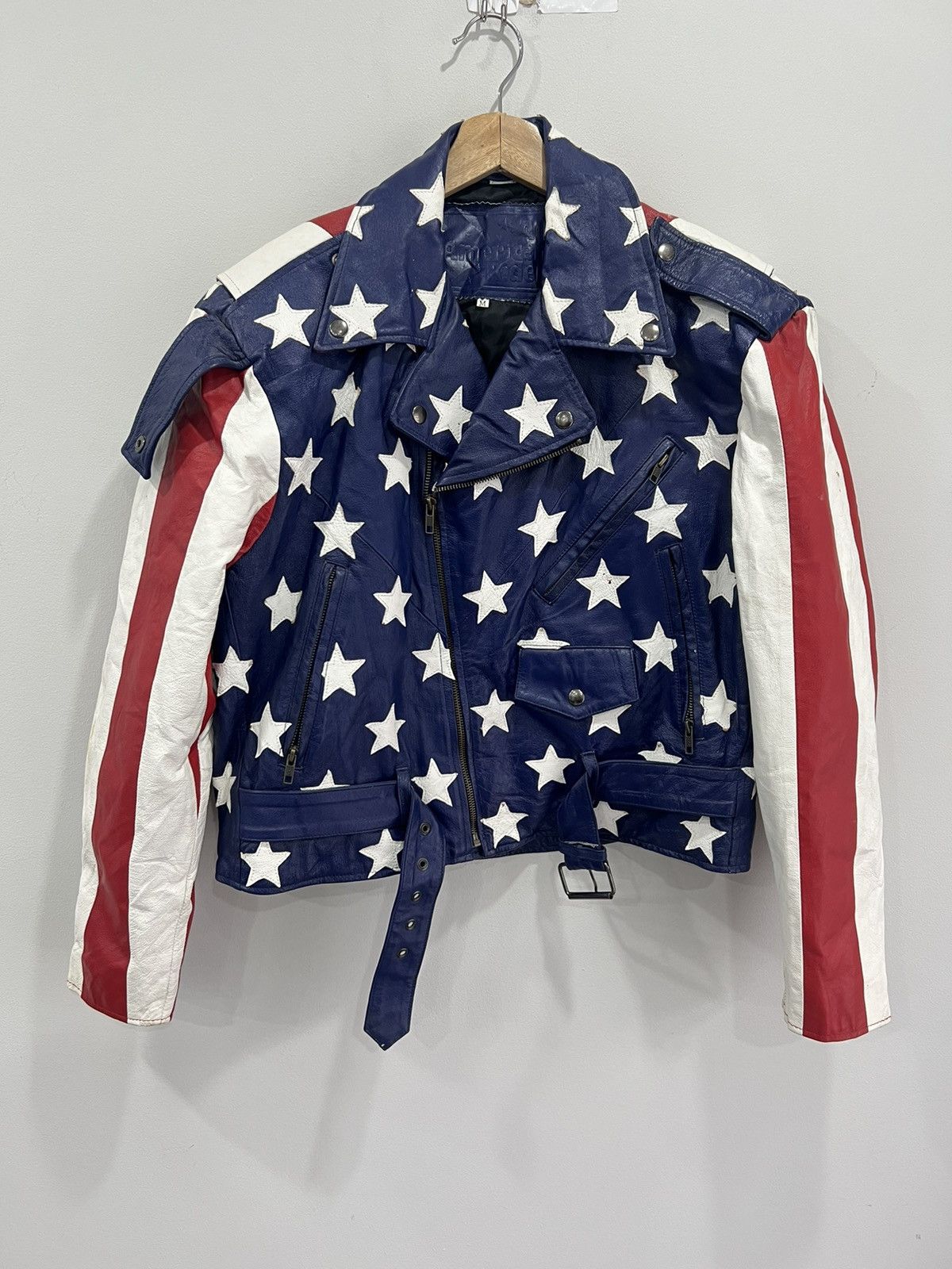 Vtg All American Rider Usa Flag Biker Leather Jacket stars