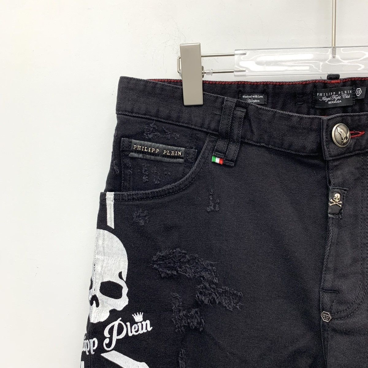 Philipp Plein Philipp Plein Black Skull Cotton Denim Shorts K26WX Size US 33 - 3 Thumbnail