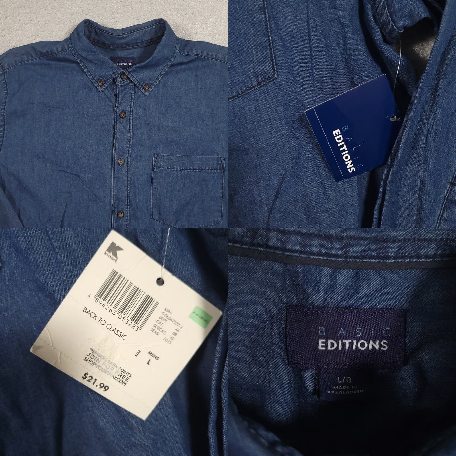 Basic Editions Basic Editions Shirt Mens Large Blue Chambray Cotton Button Workwear Shirt Size US L / EU 52-54 / 3 - 8 Thumbnail