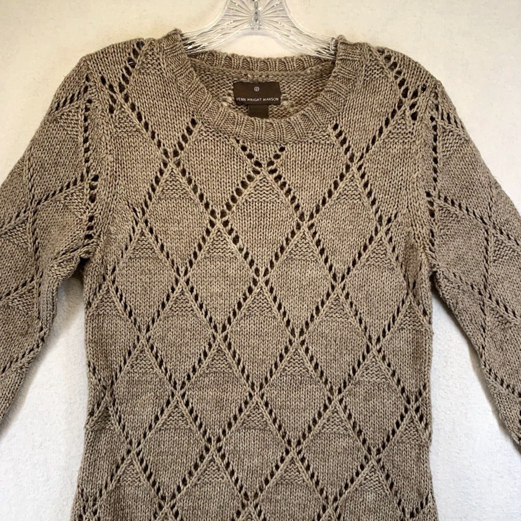 Vintage VINTAGE Fenn Wright Mason Women’s Sweater Dress Open-Knit Wool Acrylic Argyle Crew Neck Medium Beige Pullover Size M / US 6-8 / IT 42-44 - 5 Thumbnail