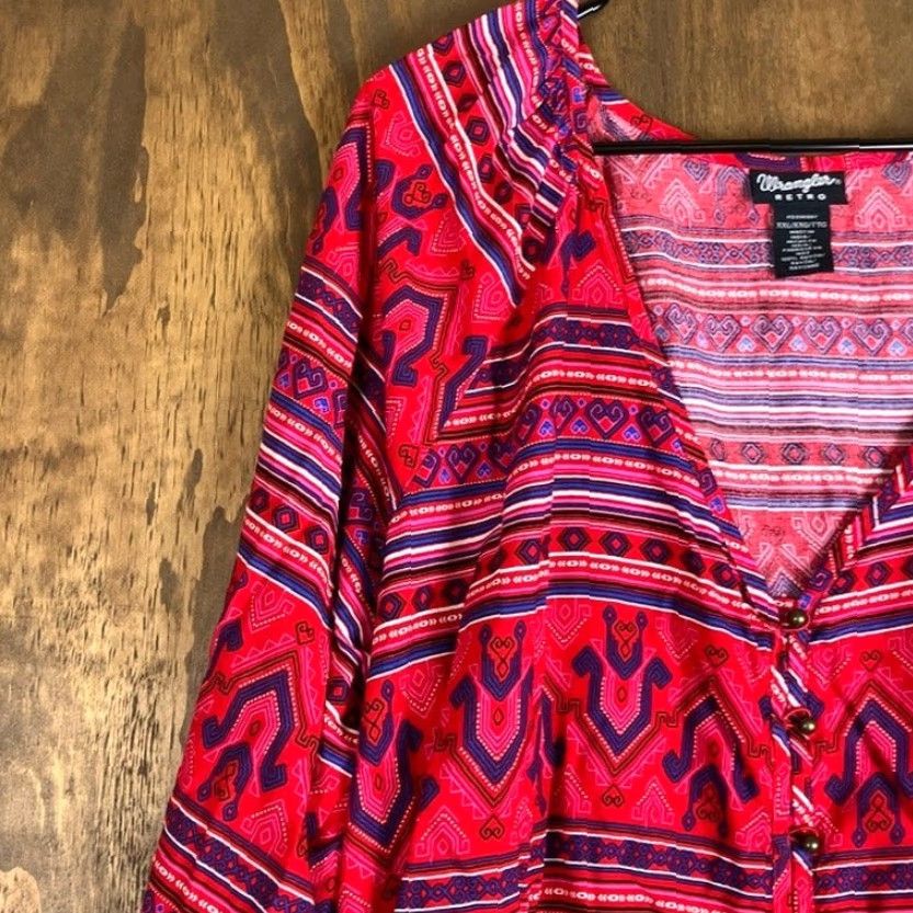 Wrangler VINTAGE Wrangler Retro Womens Shirt Red Long Sleeve V Neck Button Up Rayon XXL Size XXL / US 16-18 / IT 52-54 - 4 Thumbnail