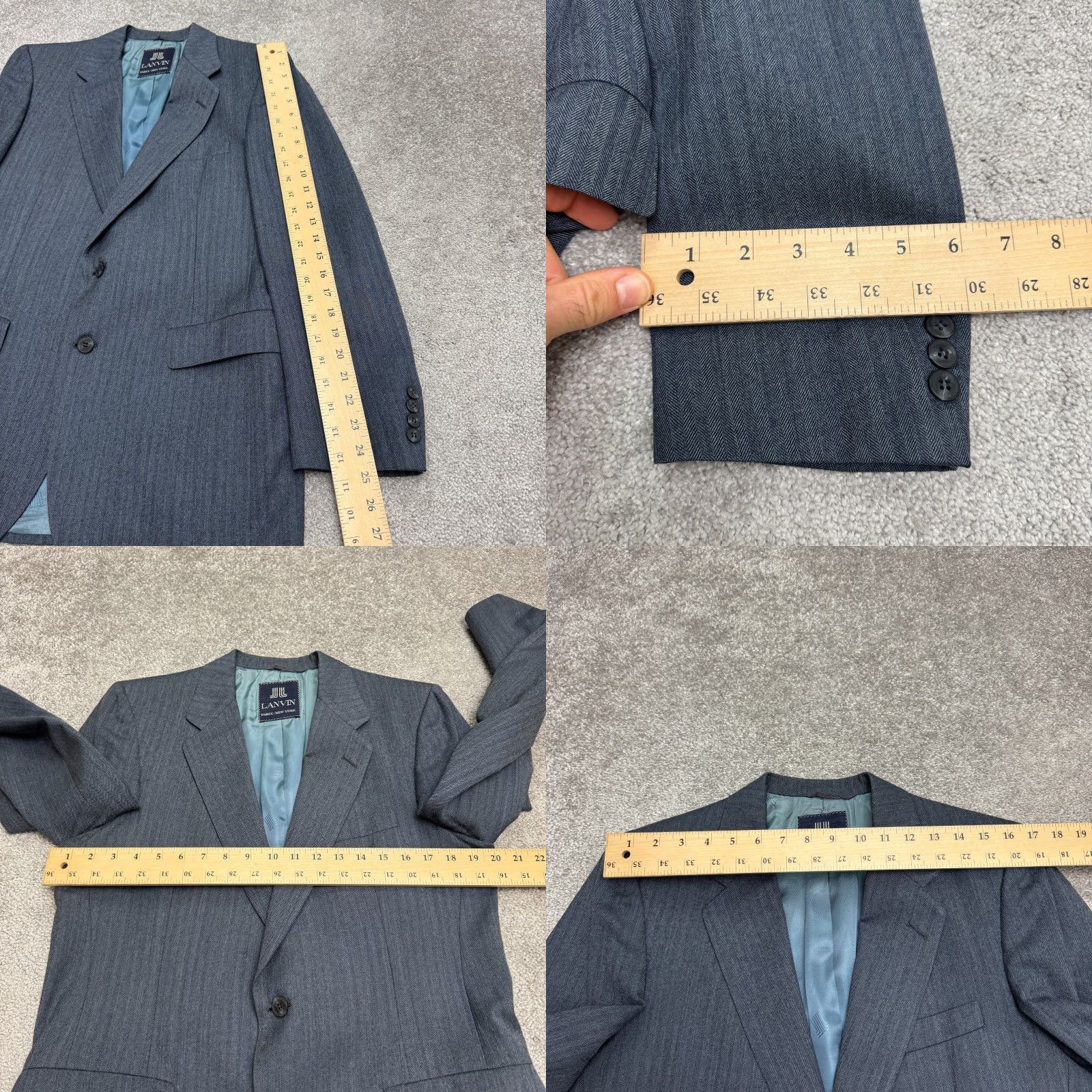 Lanvin VINTAGE Lanvin Barneys NY Wool Blazer Jacket Men Gray Herringbone Notch Single-Breasted 2-Button Dry Clean Only Regular-Fit Chest 40 Size 40R - 9 Thumbnail