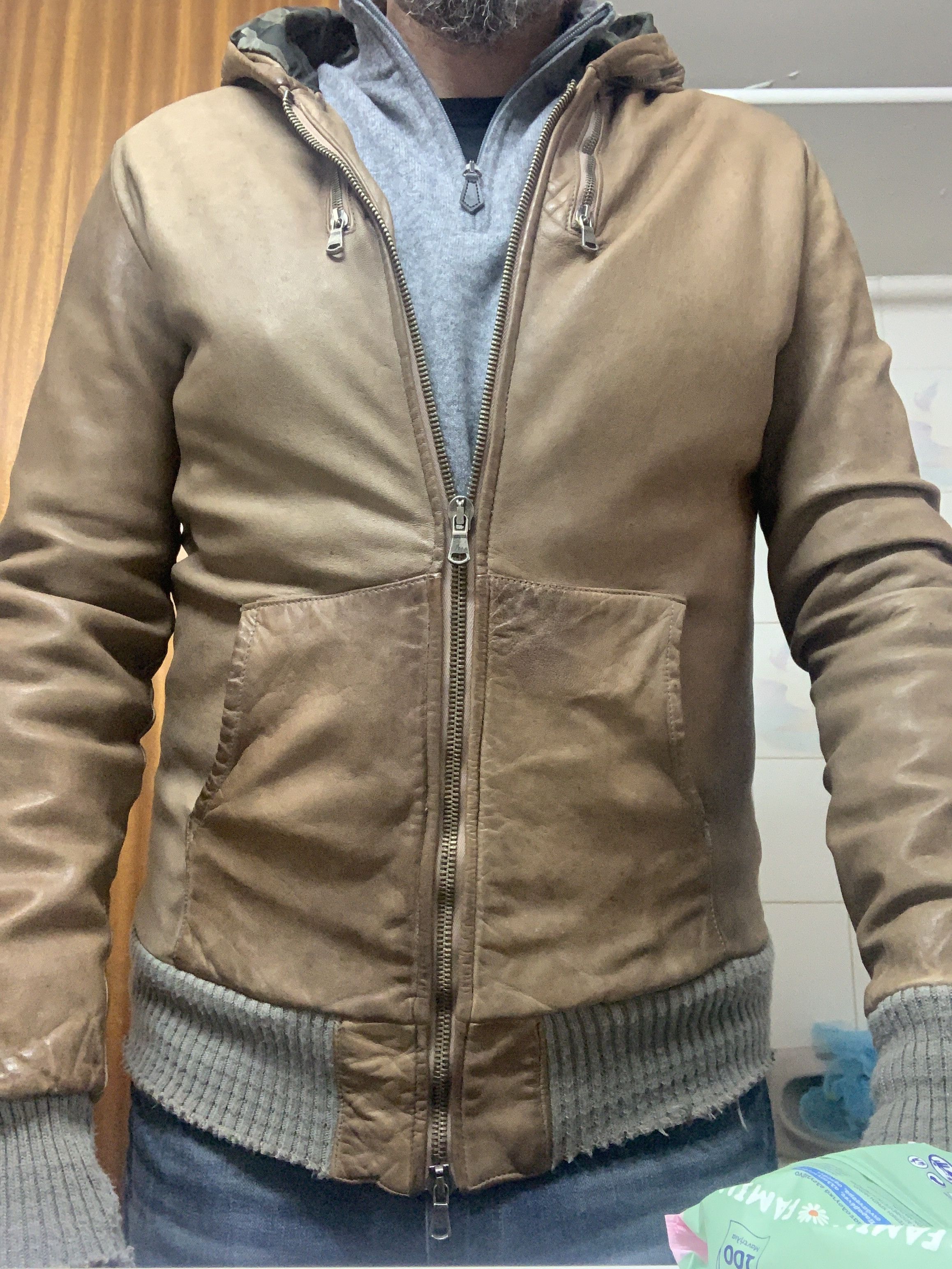 Leather bomber hooded jacket