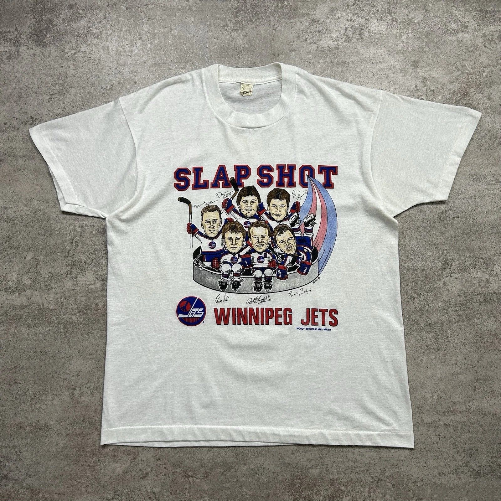 NHL × Vintage WINNIPEG JETS SLAP SHOT CARICATURE T-SHIRT 1989 SIZE XL Size US XL / EU 56 / 4 - 1 Thumbnail