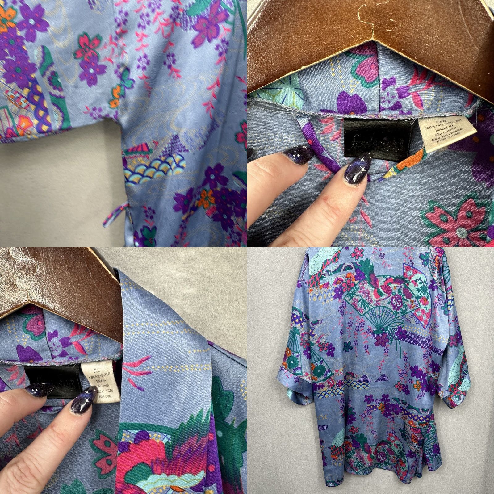 Vintage VINTAGE Fredericks Of Hollywood Robe Womens One Size Blue Satin Kimono Boho Floral y2k READ Size ONE SIZE - 8 Thumbnail