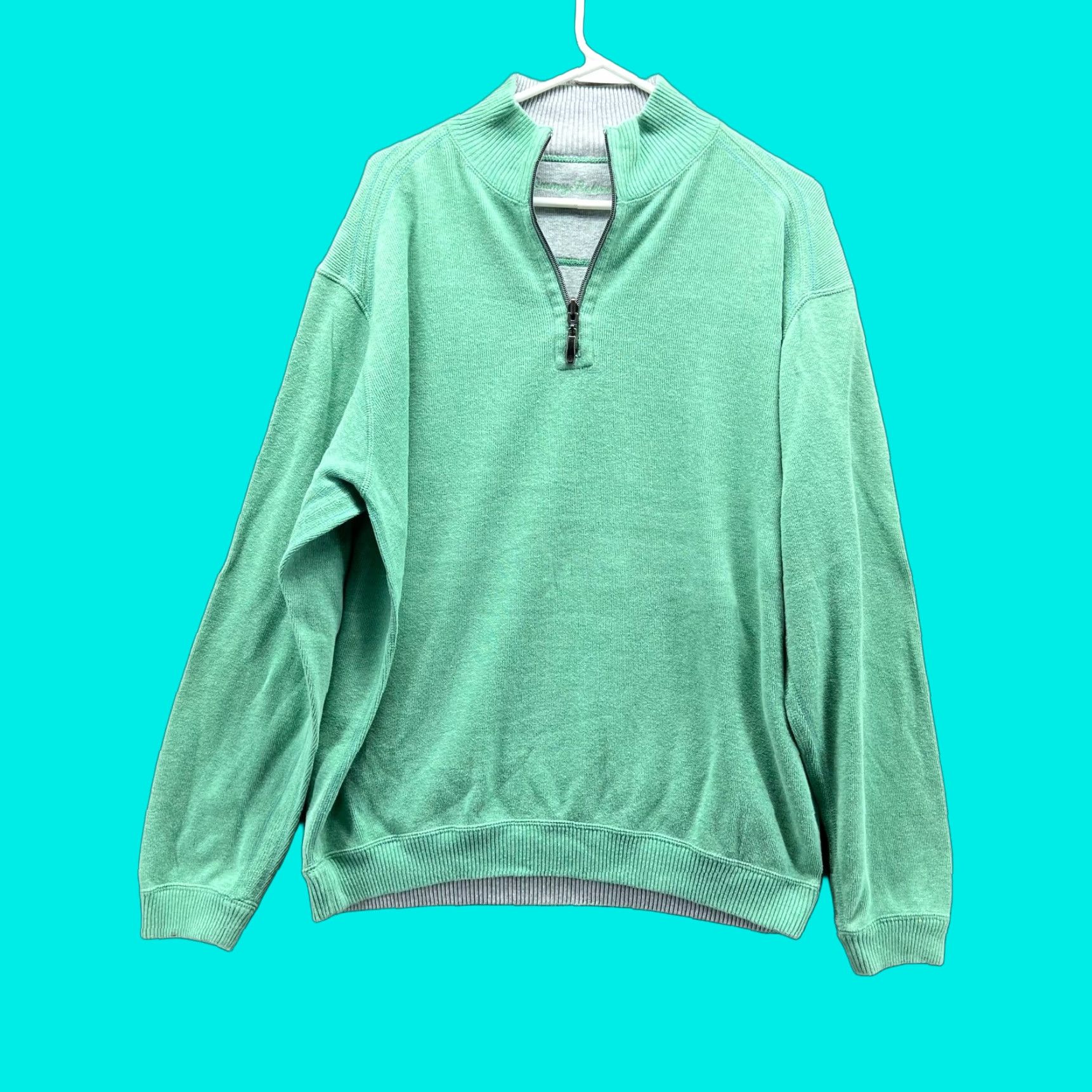 Tommy Bahama Tommy Bahama Sweater Mens Large Reversible Fleece Pullover Gray Mint Green Jersey Knit Casual Formal Long Sleeve Logo Size US XL / EU 56 / 4 - 1 Thumbnail