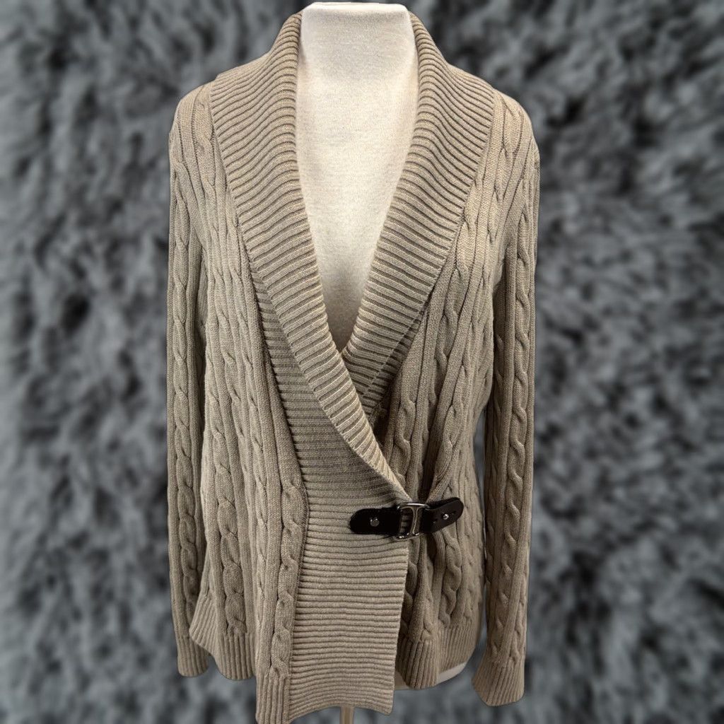 VINTAGE Lauren Ralph Lauren Cableknit Sweater Cardigan XL Women’s Tan/grey Buckle Preppy