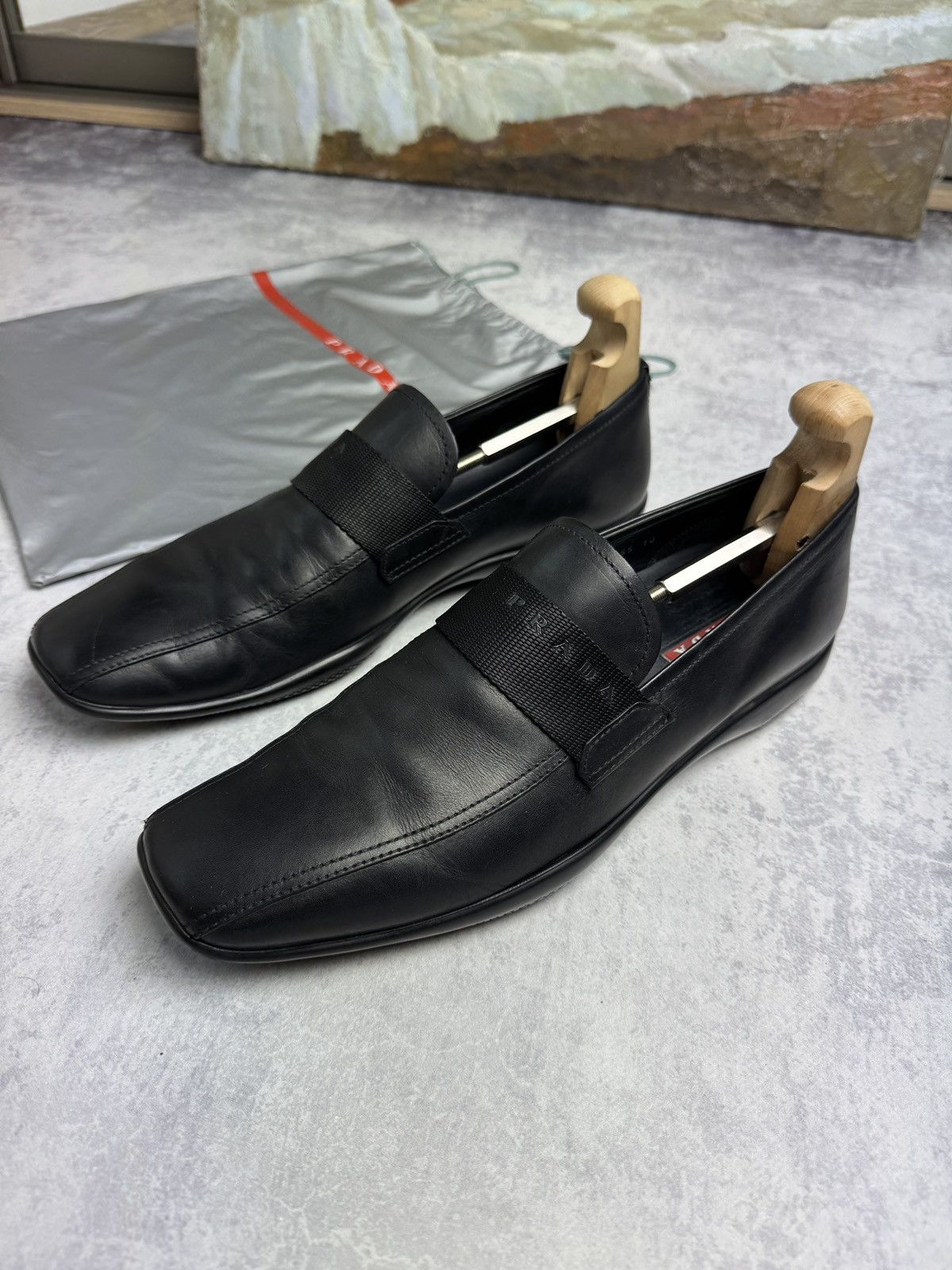 Archival Clothing x Italian Designers Prada Square Toe Leather Luxury Classic Formal Loafers Shoes in Black (Size 10)