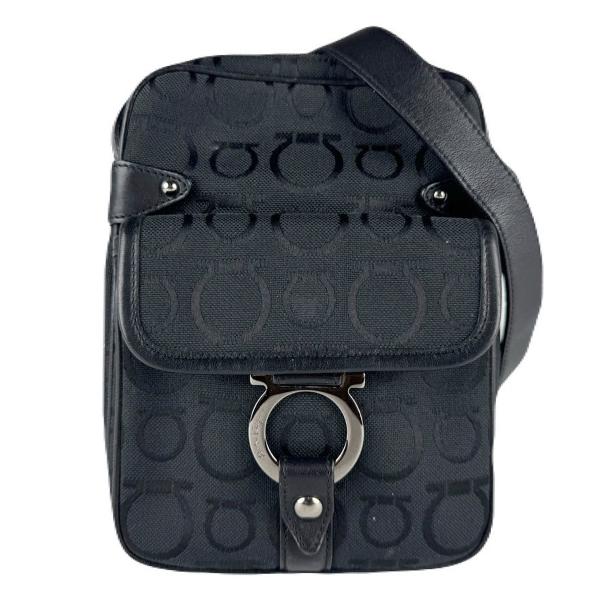 Salvatore Ferragamo Gancini Canvas/Leather Shoulder Bag Black Women's Z8707